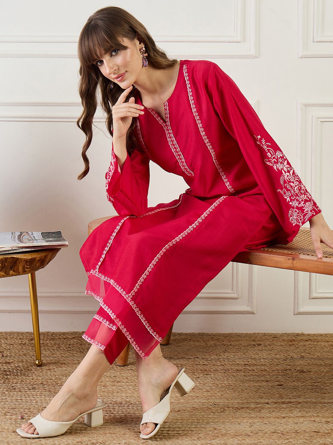 Indo Era Floral Embroidered Notch Neck Zari Panelled Straight Kurta & Trousers