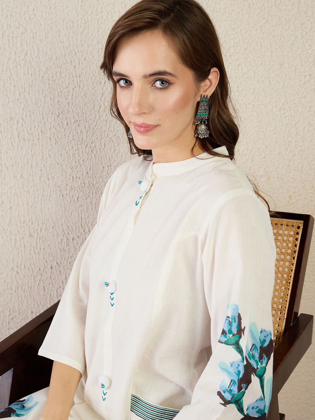 Indo Era Floral Printed Mandarin Collar Pure Cotton A-Line Kurta With Trouser