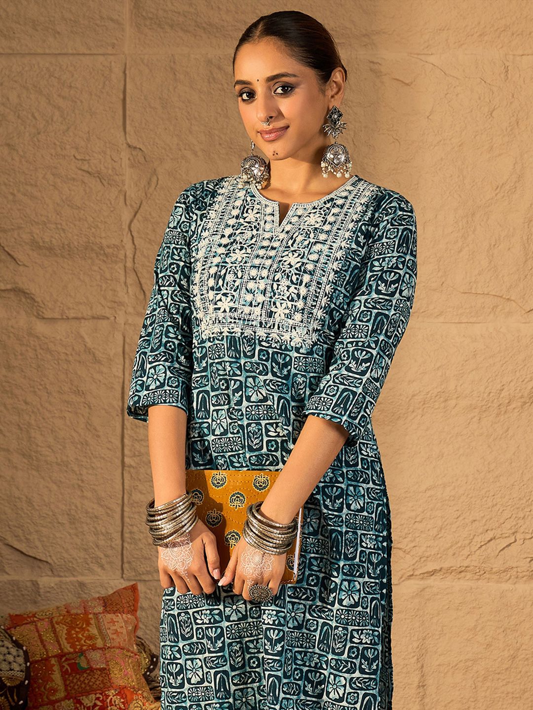 Indo Era Women Floral Embroidered Regular Thread Work Pure Cotton Kurta with Trousers