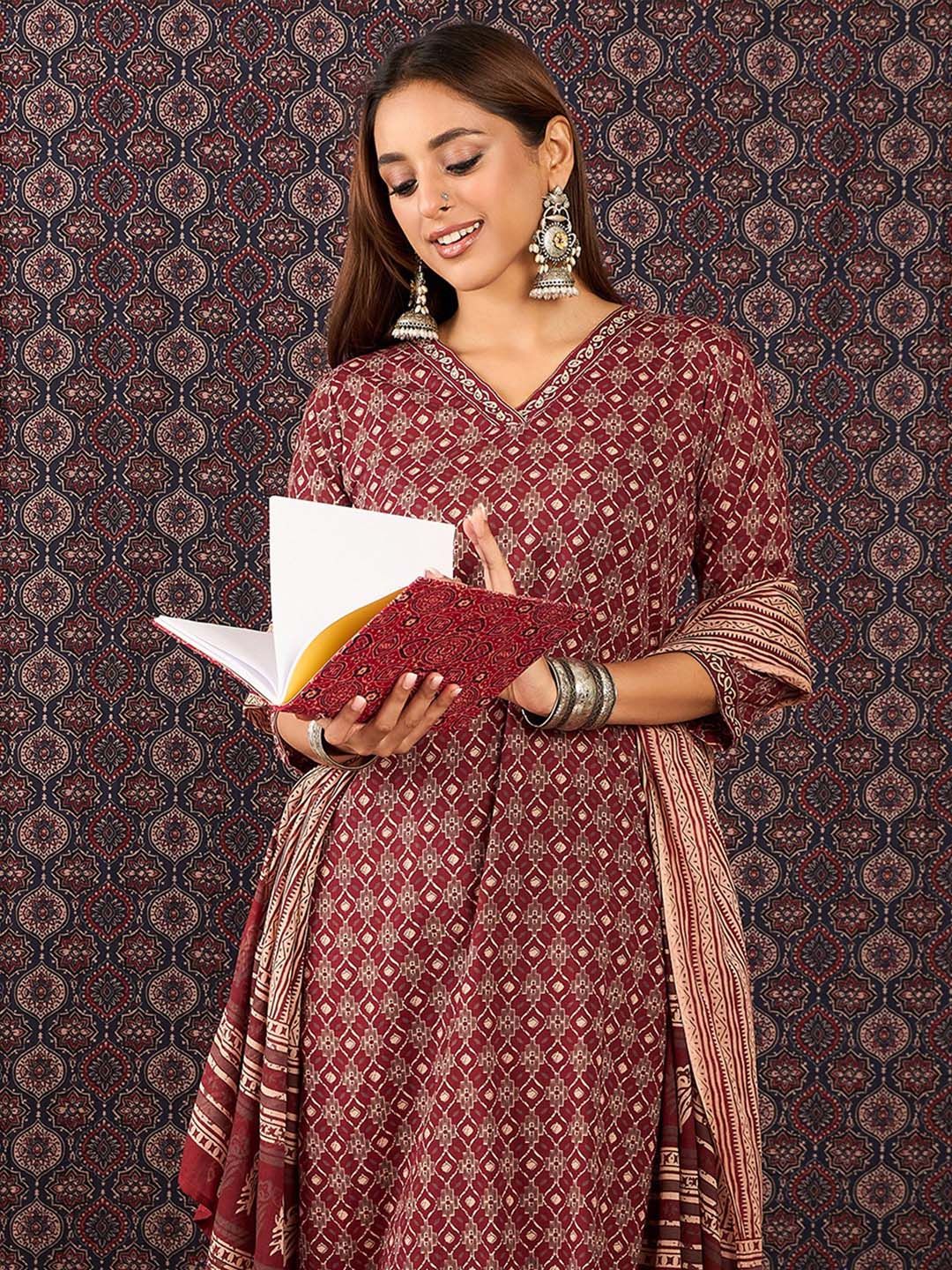 Indo Era Ethnic Motifs Printed Sequinned Pure Cotton Kurta With Trousers & Dupatta