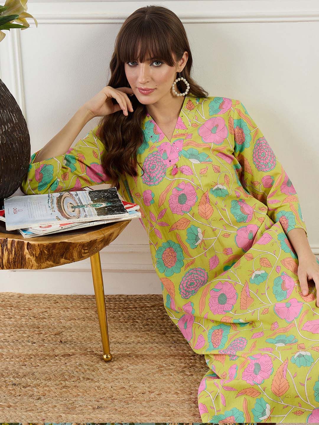 Indo Era Floral Printed Straight Sequinned Pure Cotton Kurta With Trouser