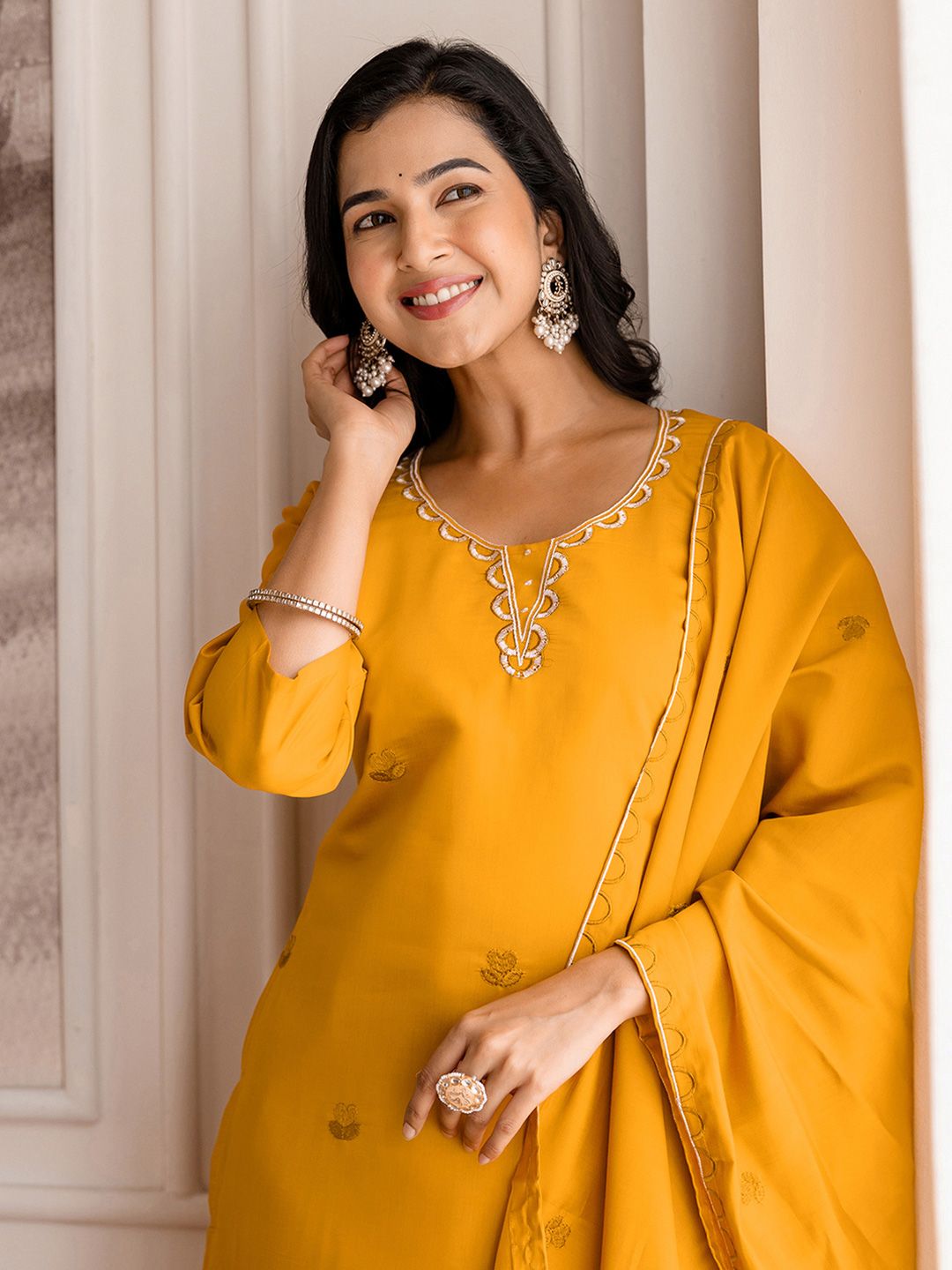 SANISA Women Mustard Embroidered Silk Blend Kurta & Trousers With Dupatta
