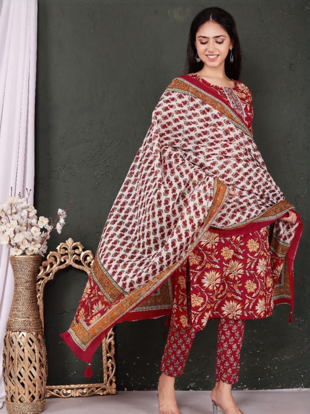 KALINI Women Regular Pure Cotton Kurta with Trousers & With Dupatta