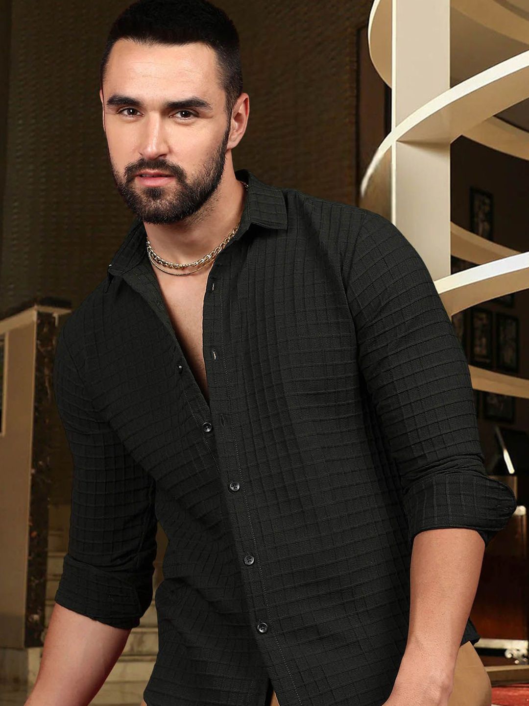 SAMRIZ Men Standard Fit Textured Spread Collar Casual Shirt-picture-27