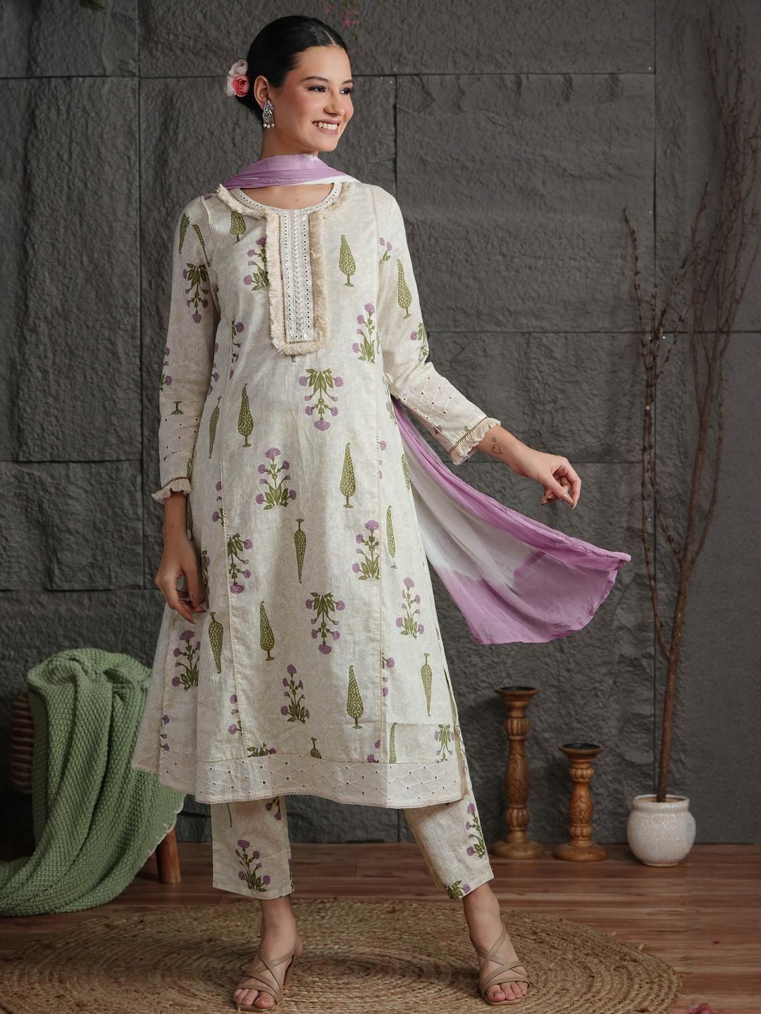Anouk Women Cotton Floral Print Lace with Mirror Work Kurta Trousers & Dupatta