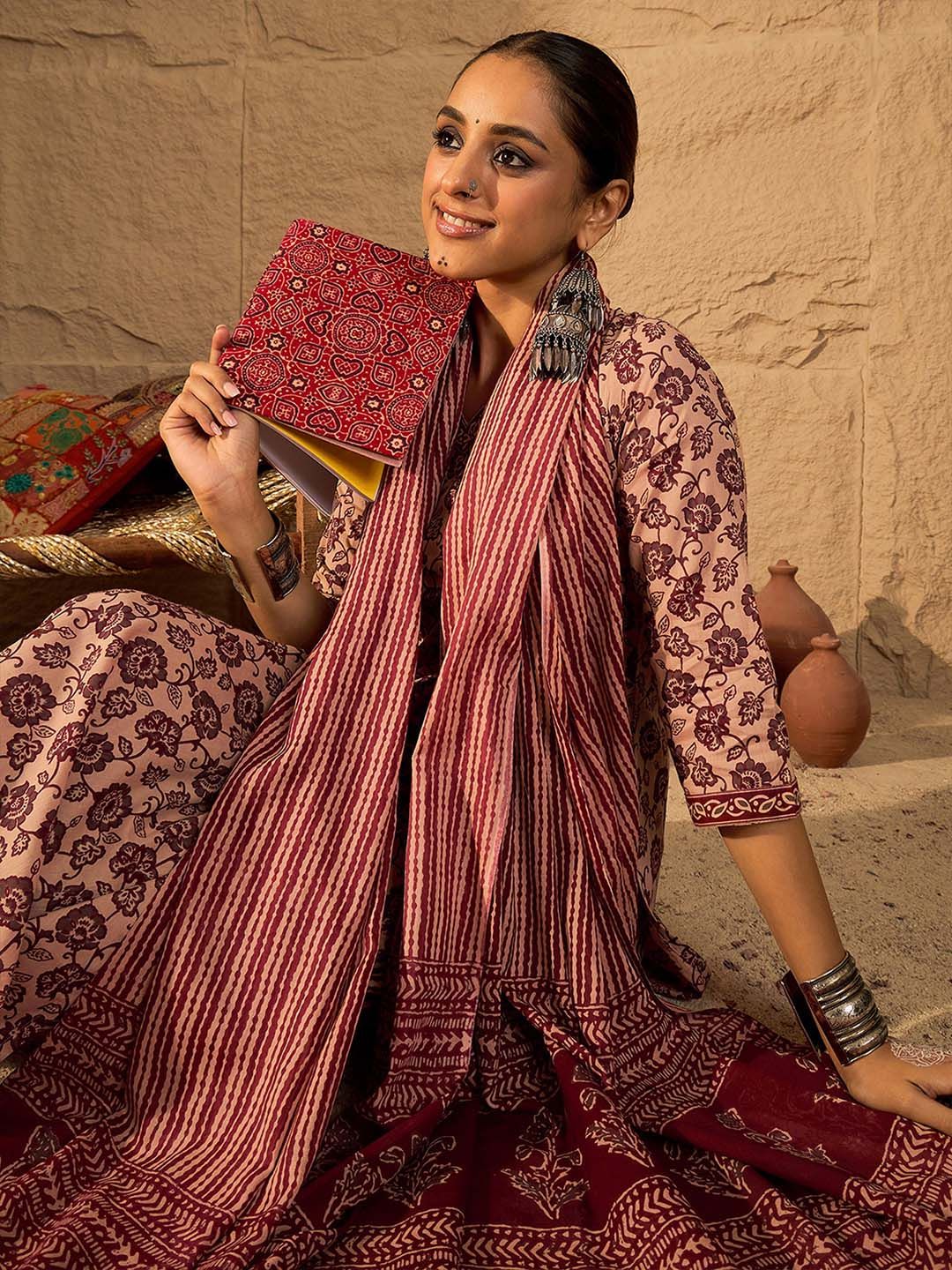 Indo Era Women Floral Print Regular Pure Cotton Kurta with Trousers & With Dupatta