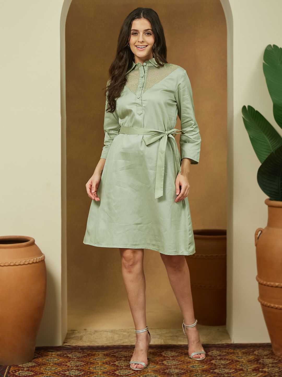 Janasya Women Sage Green Cotton Embellished A-line Tie-up Dress-picture-27