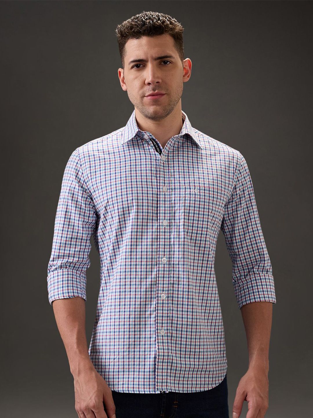 Kenneth Cole Men Slim Fit Gingham Checked Spread Collar Cotton Casual Shirt-picture-40