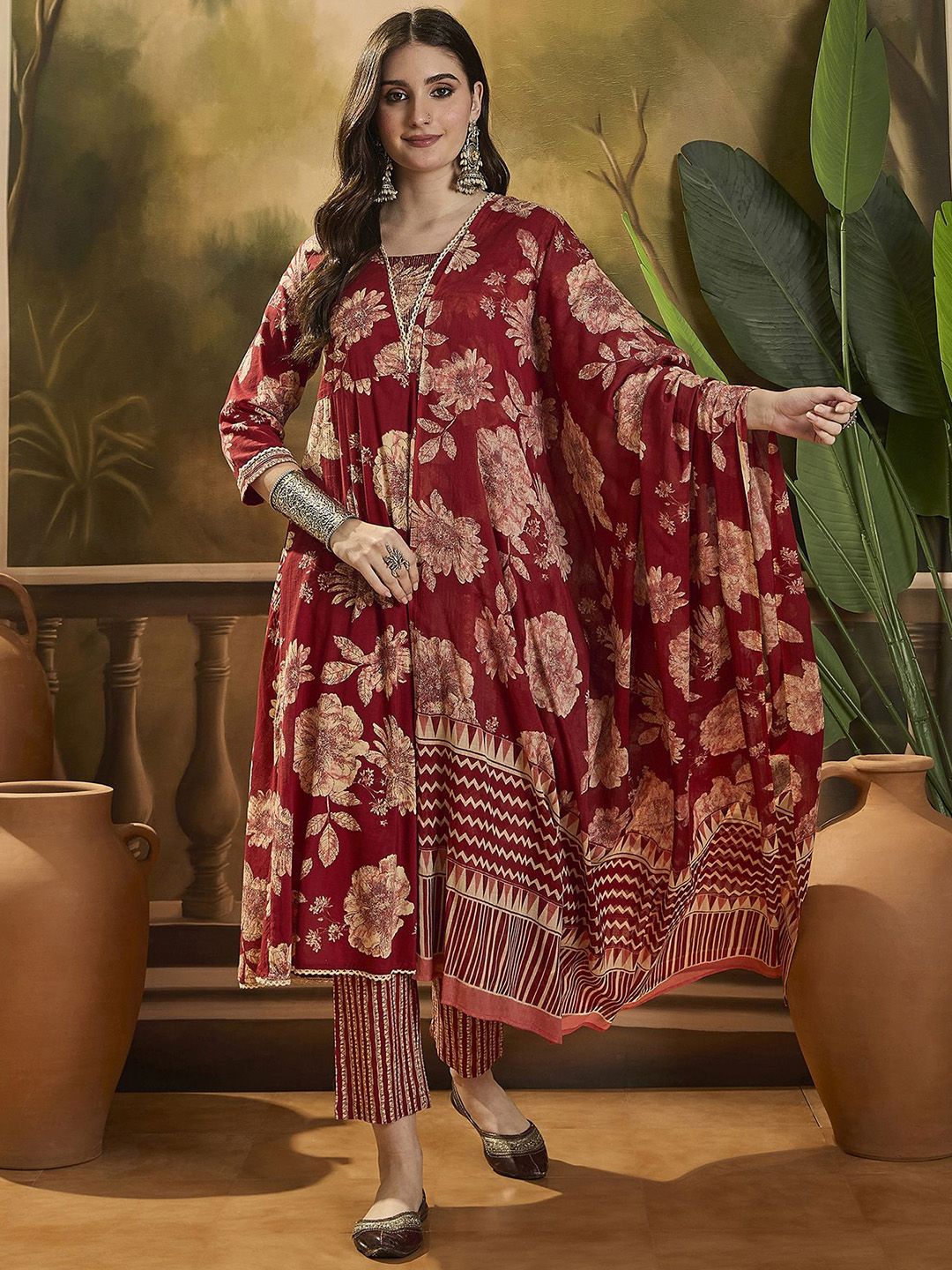 Sangria Floral Printed Pure Cotton Anarkali   Kurta With Trouser & Dupatta