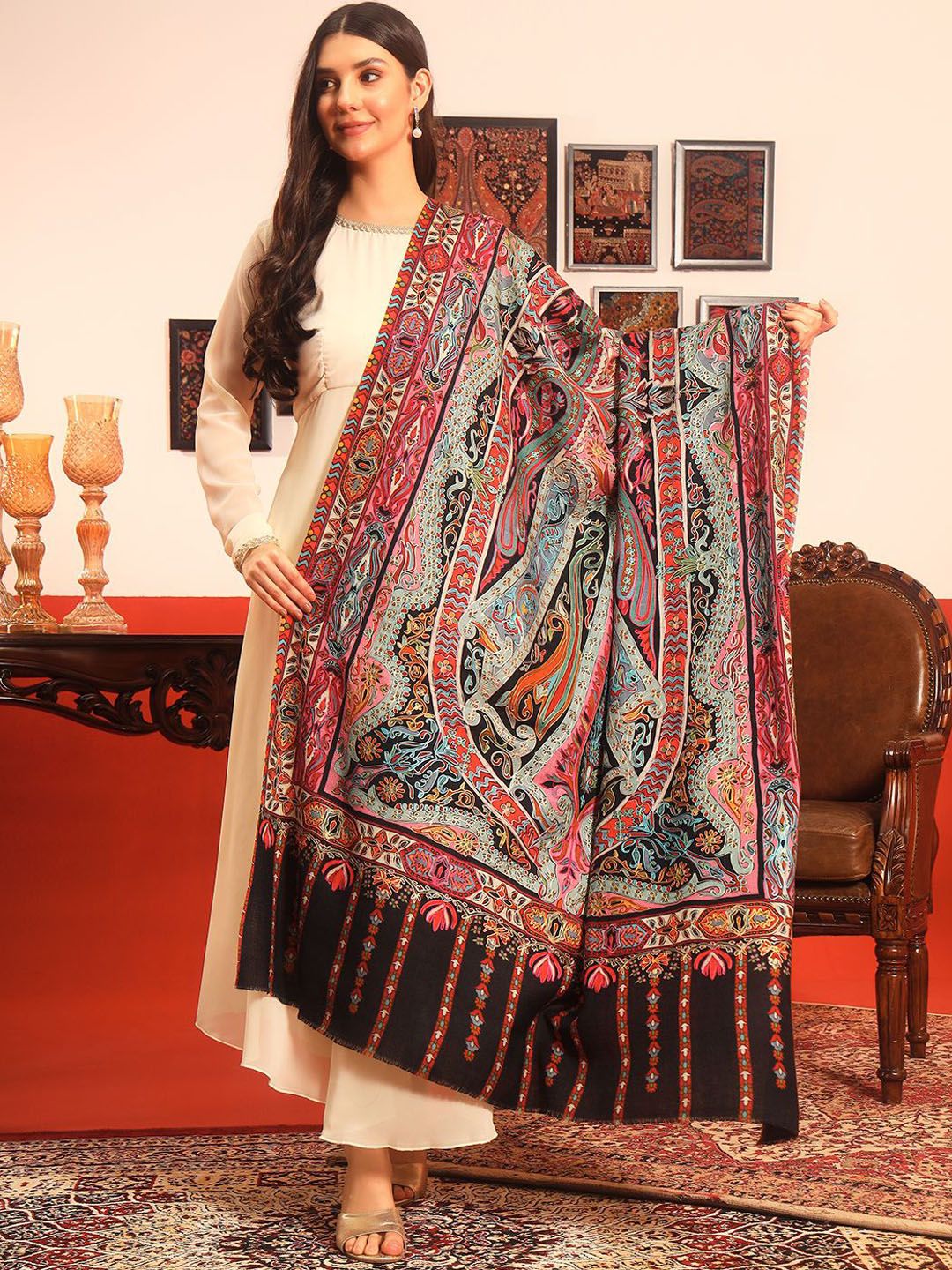 Pashmoda Rangrez Pure Wool Kalamkari Paisley Embroidered Shawl-image-35