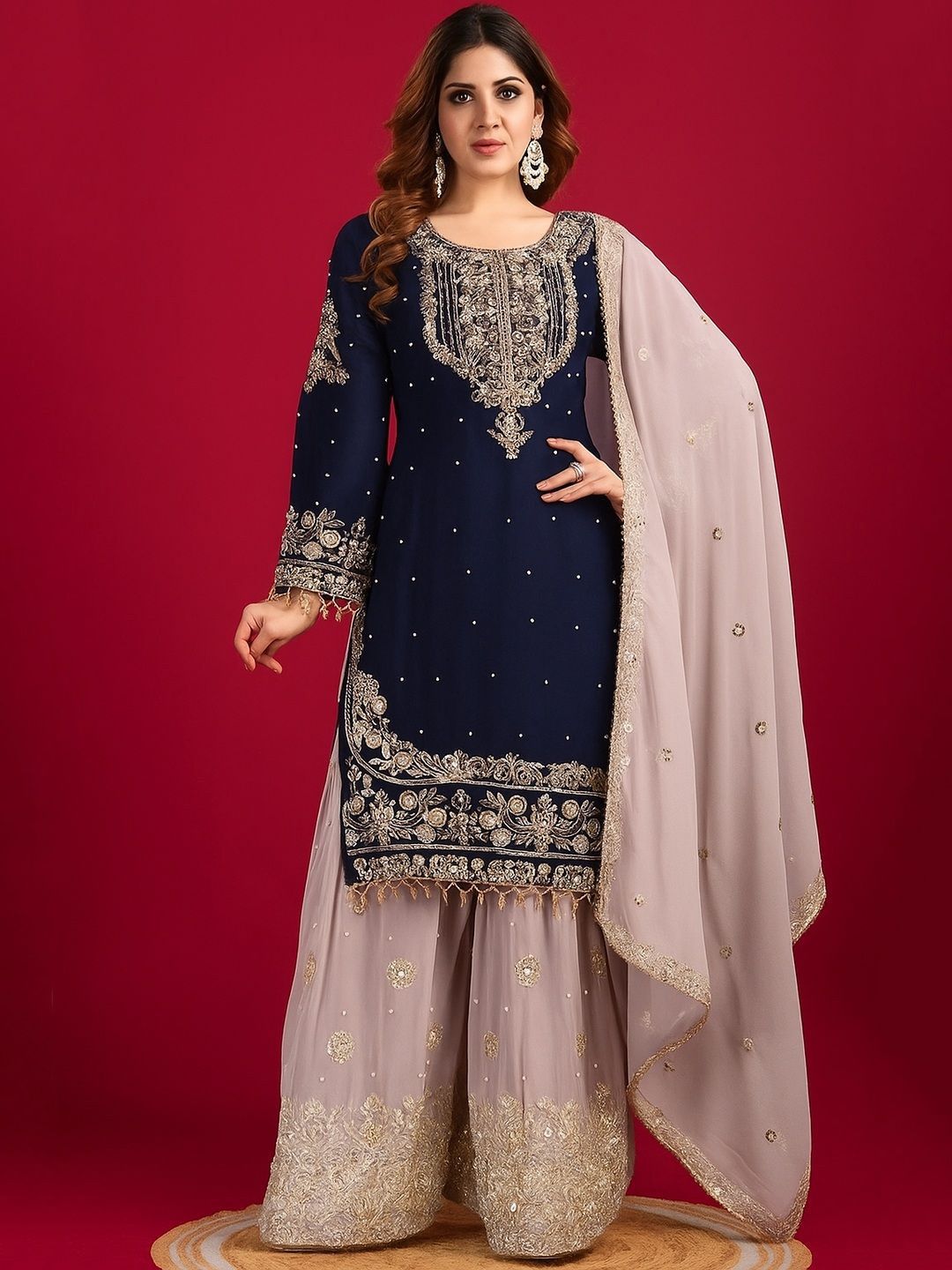 MISS CLOTHING Ethnic Motifs Embroidered Beads and Stones Kurta With Sharara & Dupatta