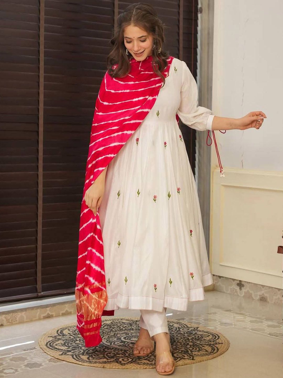 Brand Hill Women Solid Embroidered Anarkali Kurta with Trousers & Dupatta