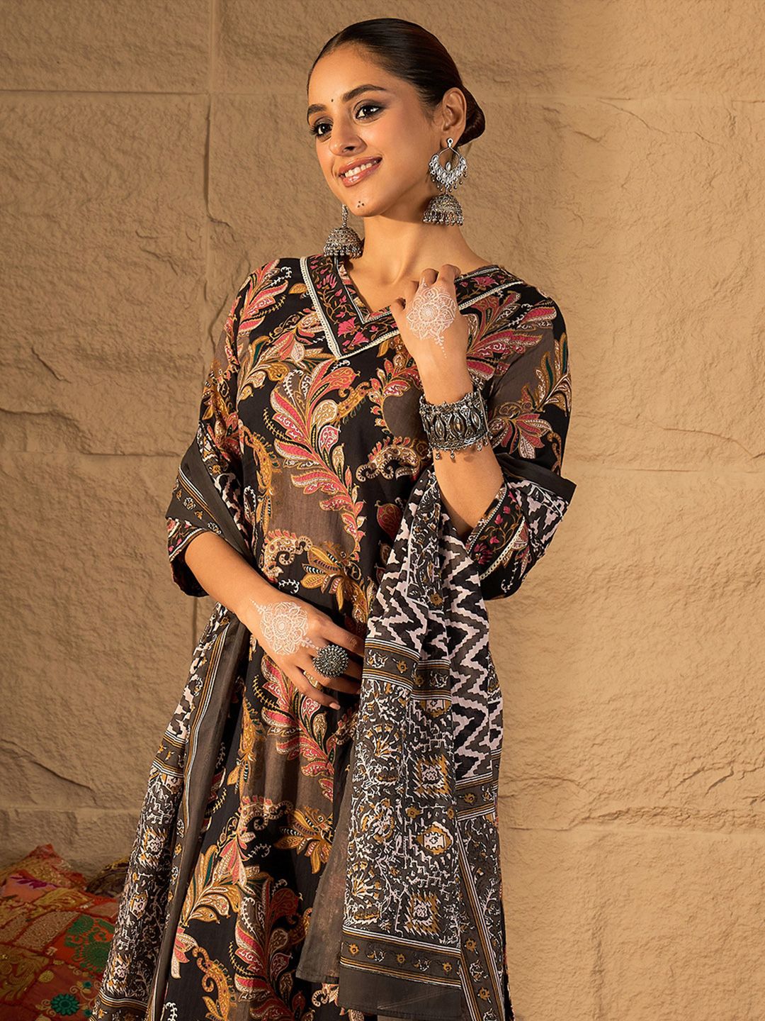 Indo Era Women Floral Embroidered Pure Cotton Kurta with Trouser & Dupatta