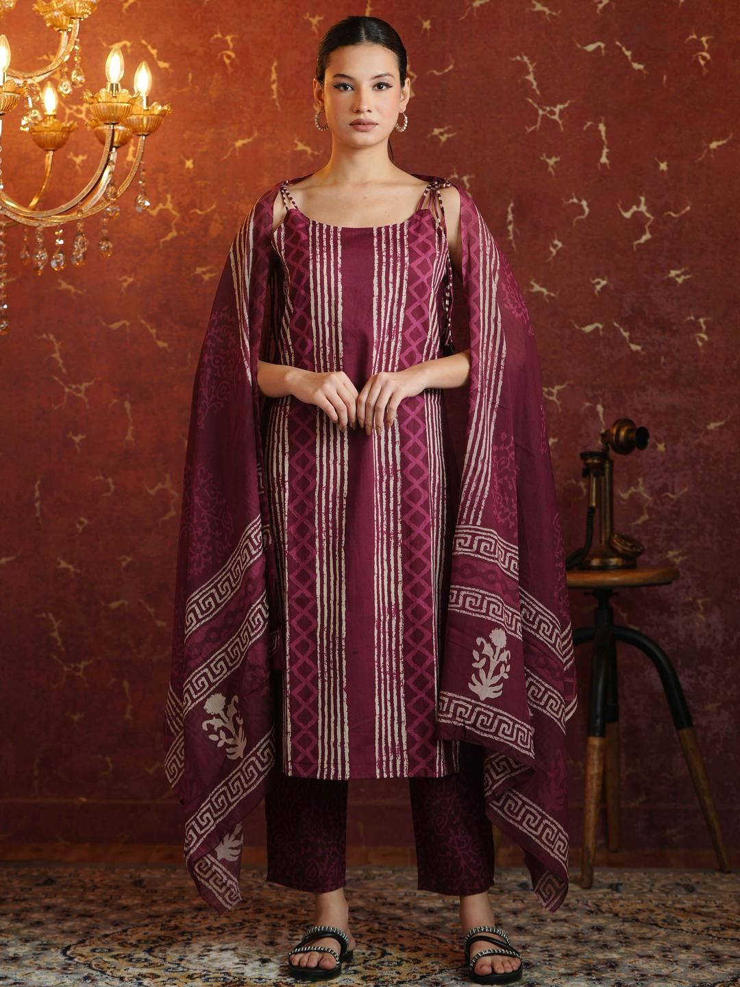Anouk Women Cotton Printed Round Neck Straight Kurta Trousers with Dupatta