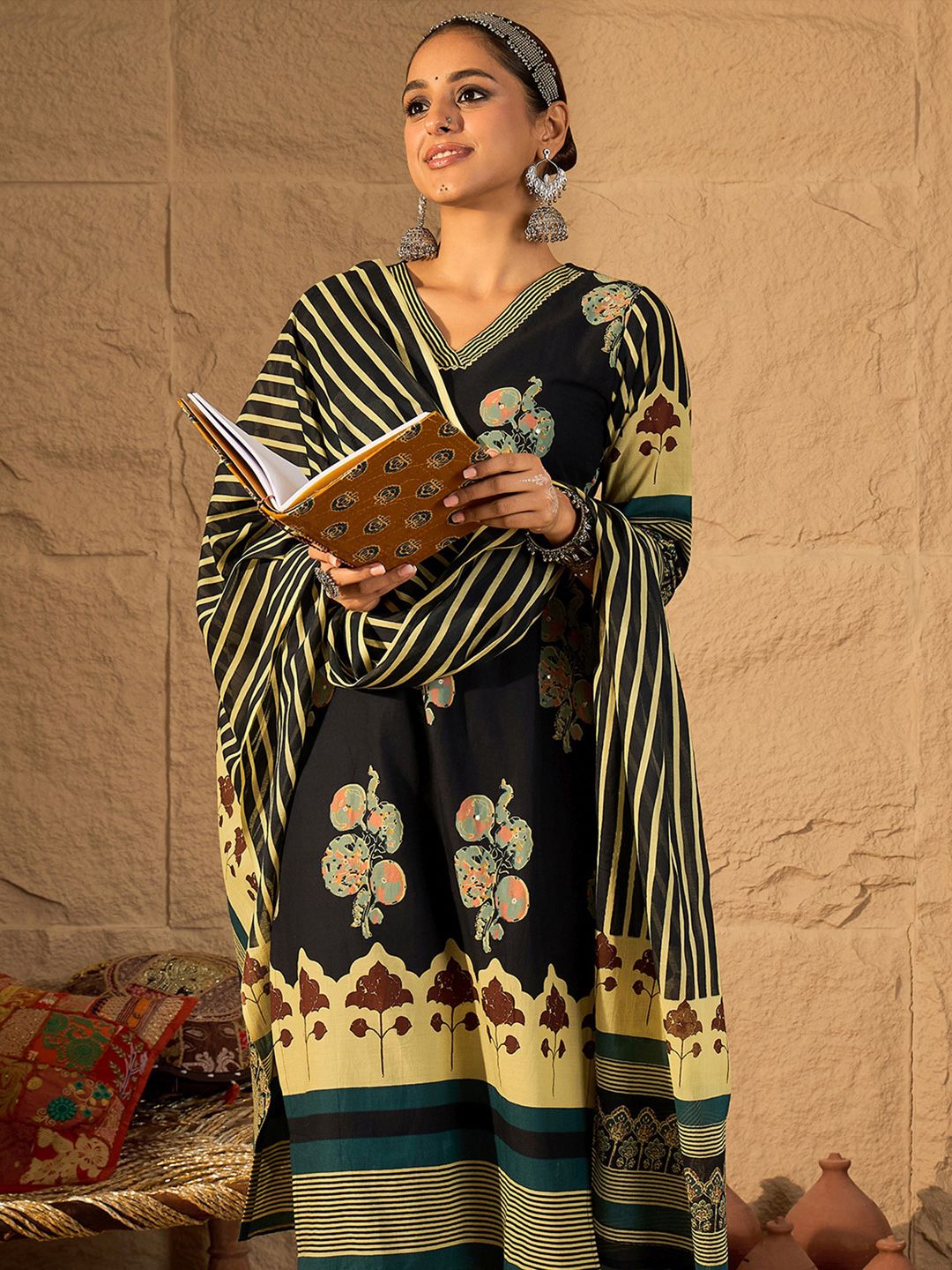 Indo Era Women Floral Printed Pure Cotton Kurta with Trouser & Dupatta
