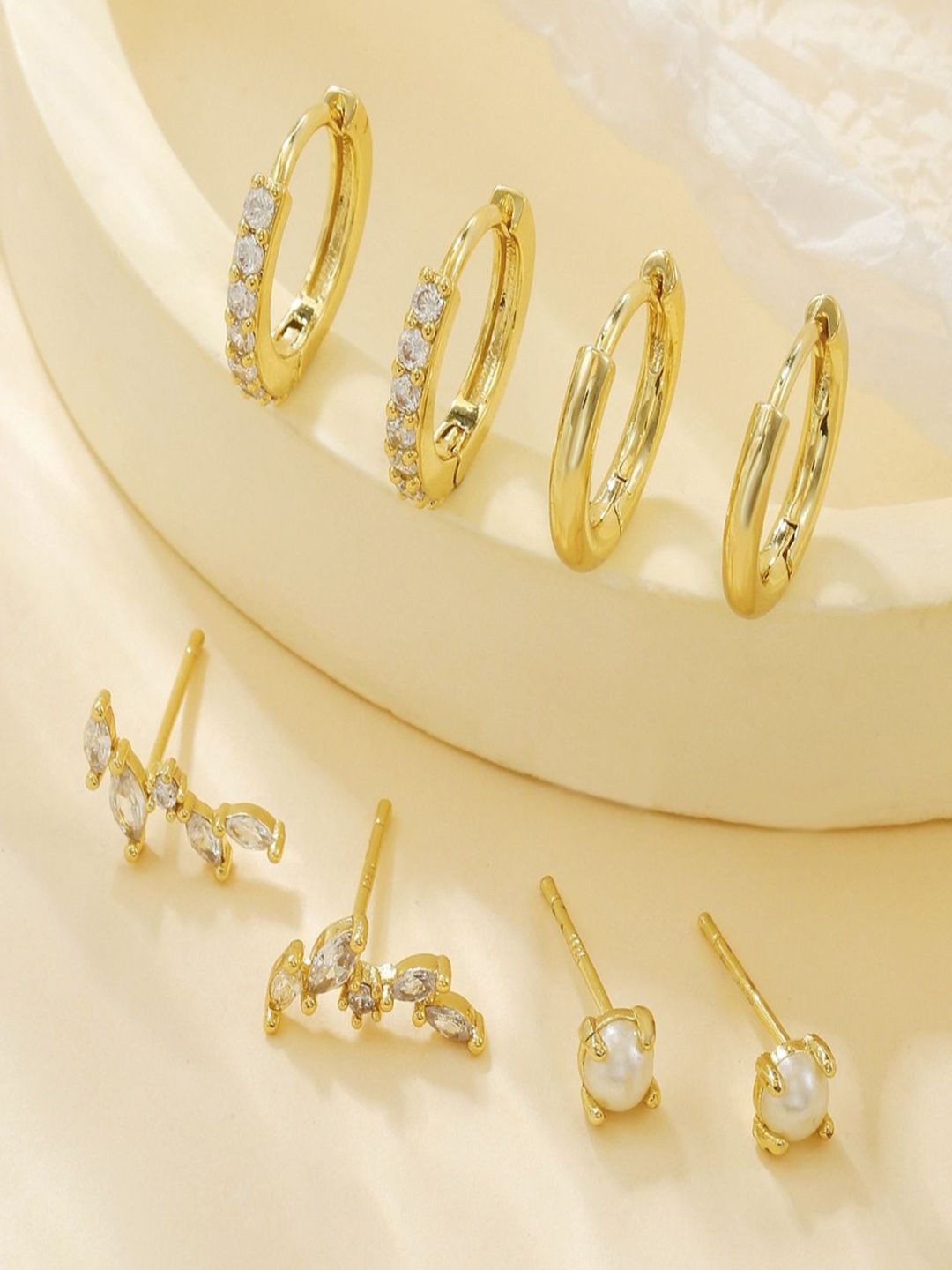 AQUASTREET Set Of 4 18K Gold-Plated Zircon Studded Circular Shaped Hoop Earrings-picture-29