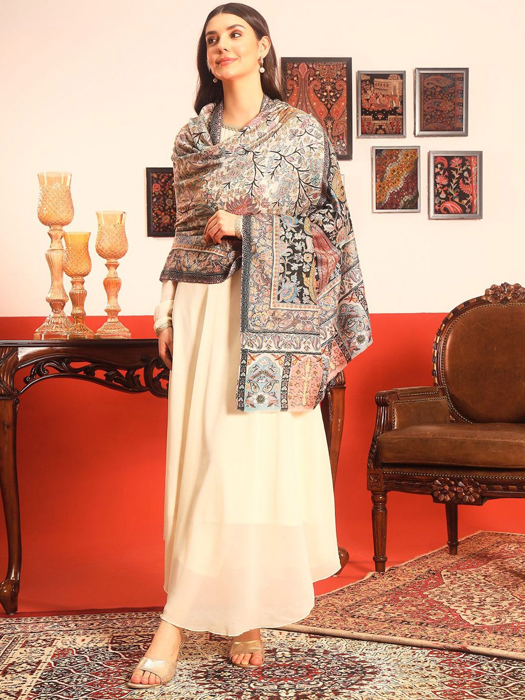 Pashmoda Guldasta Fine Wool Kalamkari Paisley Embroidered Shawl-image-39