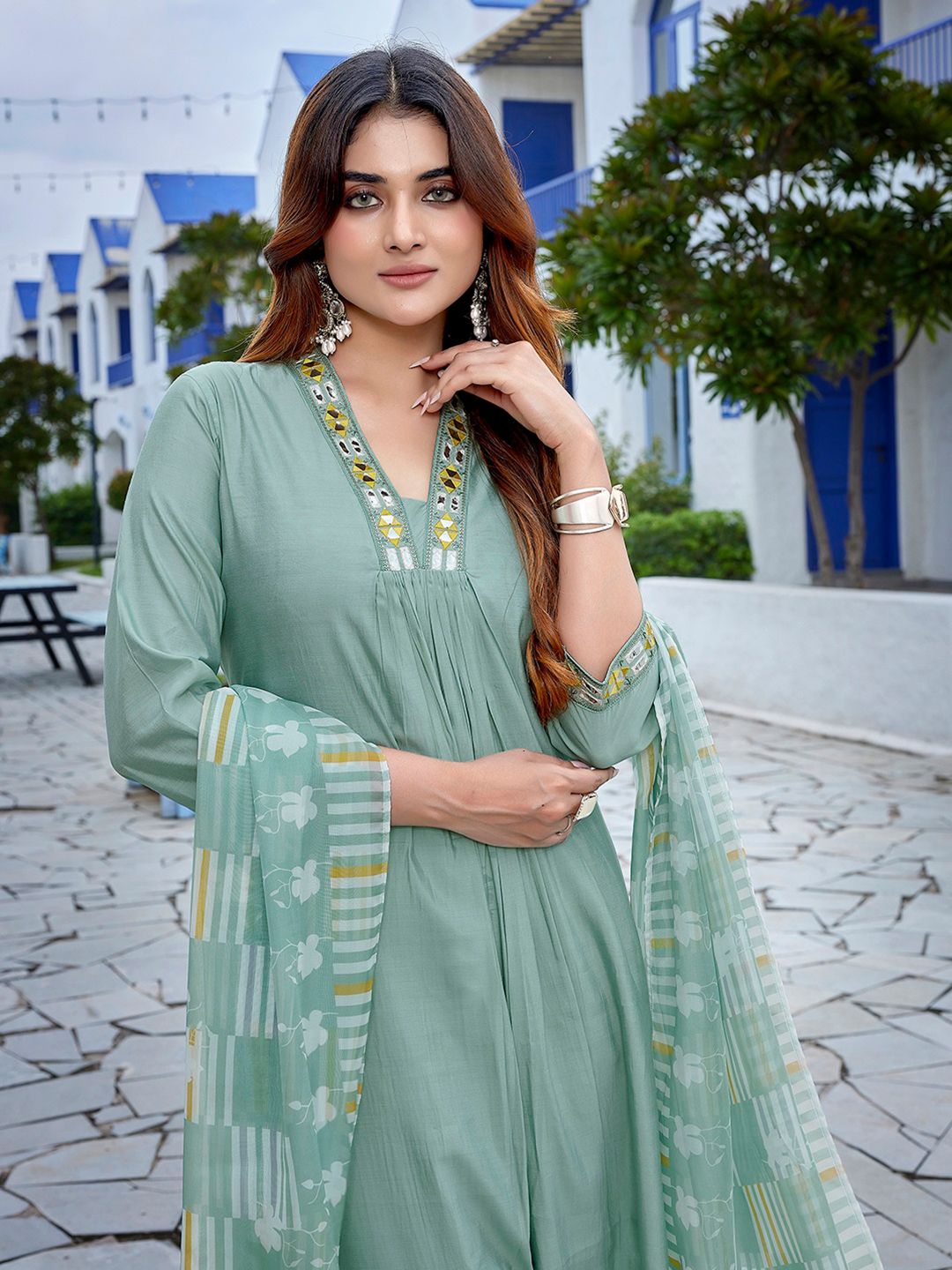 Royal Export Square Neck Mirror Work A-Line Kurta With Trousers & Dupatta