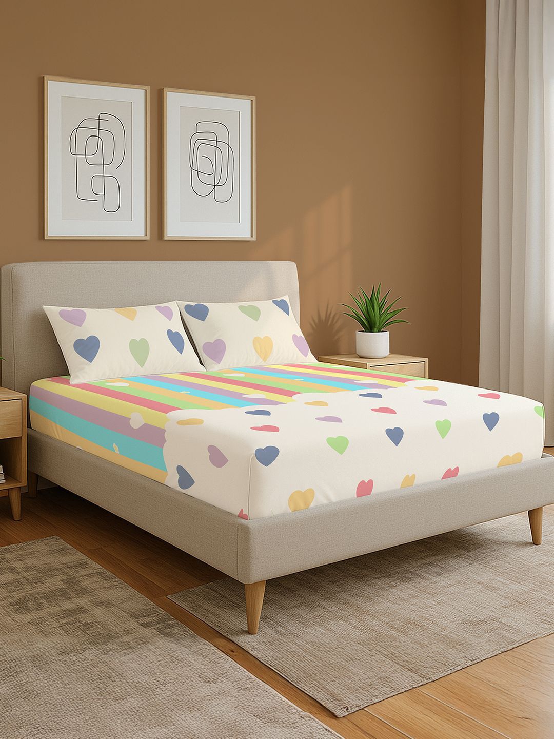 URBAN SPACE White & Green Graphic 144 TC King Bedsheet with 2 Pillow Covers-picture-35