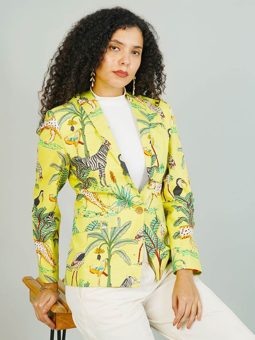 INDOPHILIA Printed Pure Cotton Notched Lapel Single Breasted Blazer