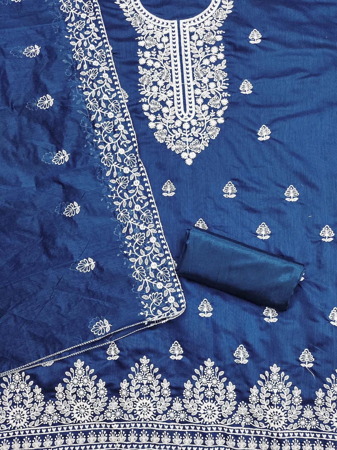 Kalini Women Teal Blue Chanderi Cotton Embroidery Unstitched Dress Material with Dupatta-image-5