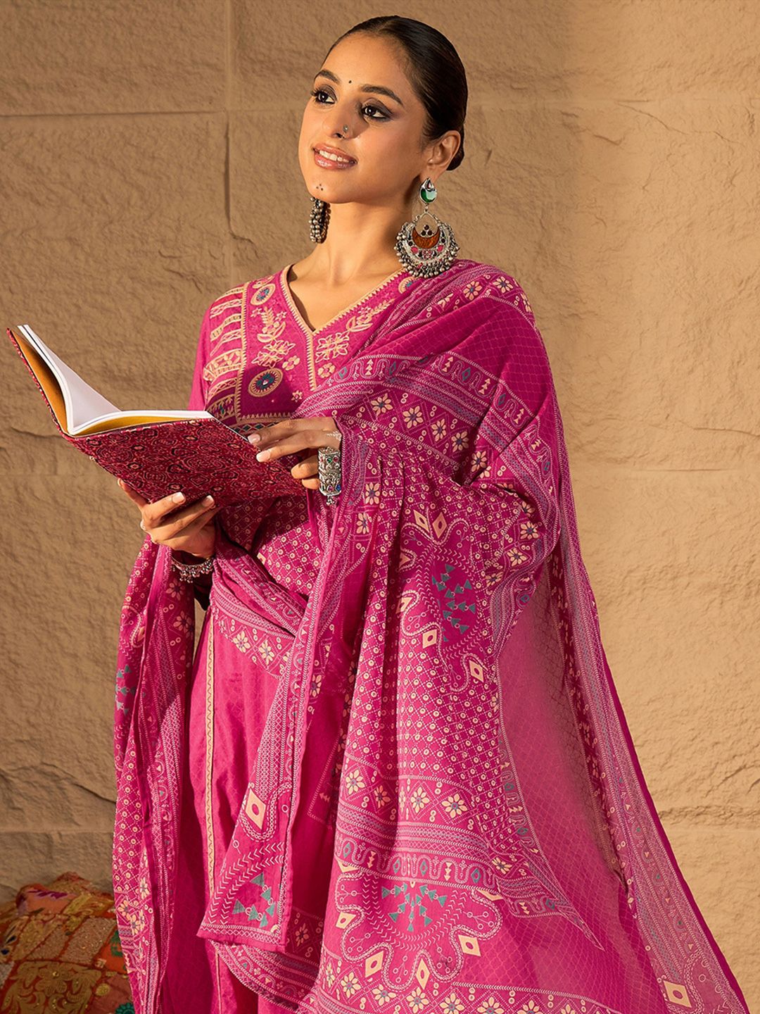 Indo Era Embroidered V-Neck Pure Cotton Straight Kurta With Trousers And Dupatta