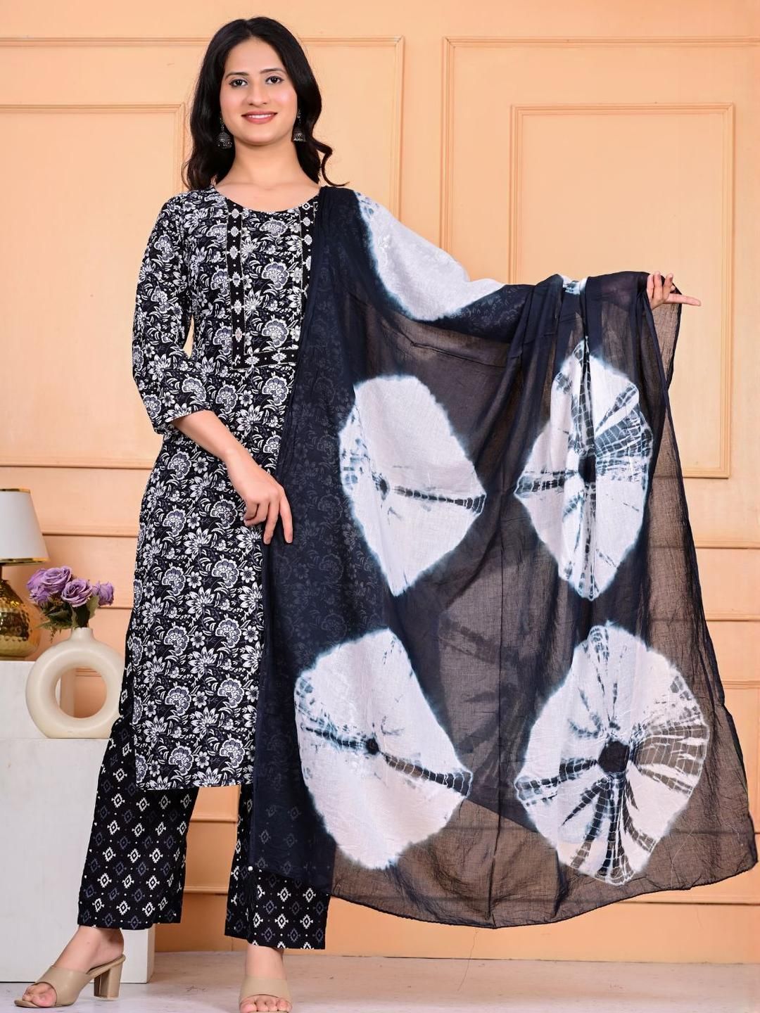 KALINI Women Black Pure Cotton Round Neck Kurta with Trousers & Dupatta