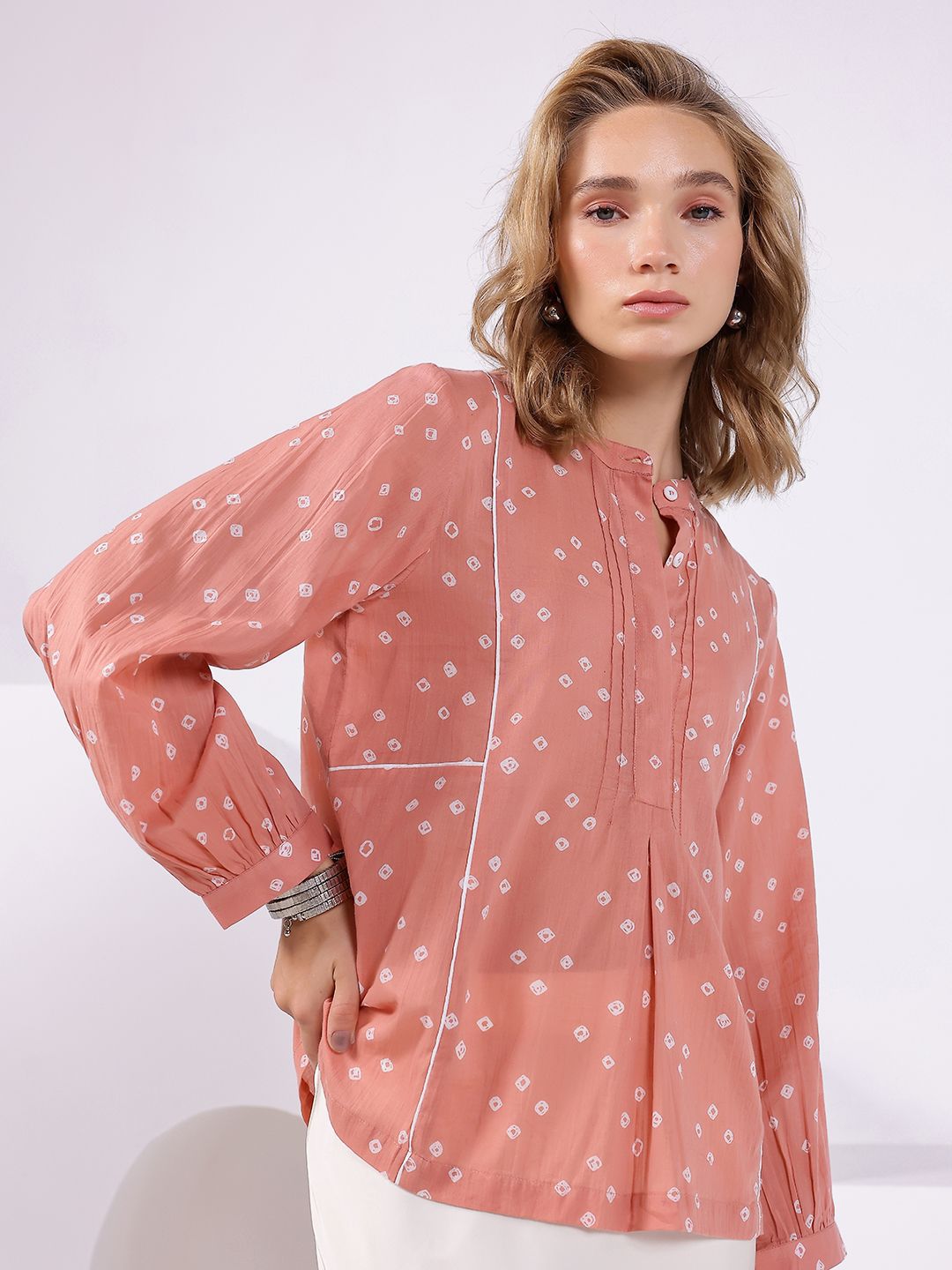 KALAMIR Women Bandhej Geometric Printed Mandarin Collar Cotton Top-picture-40