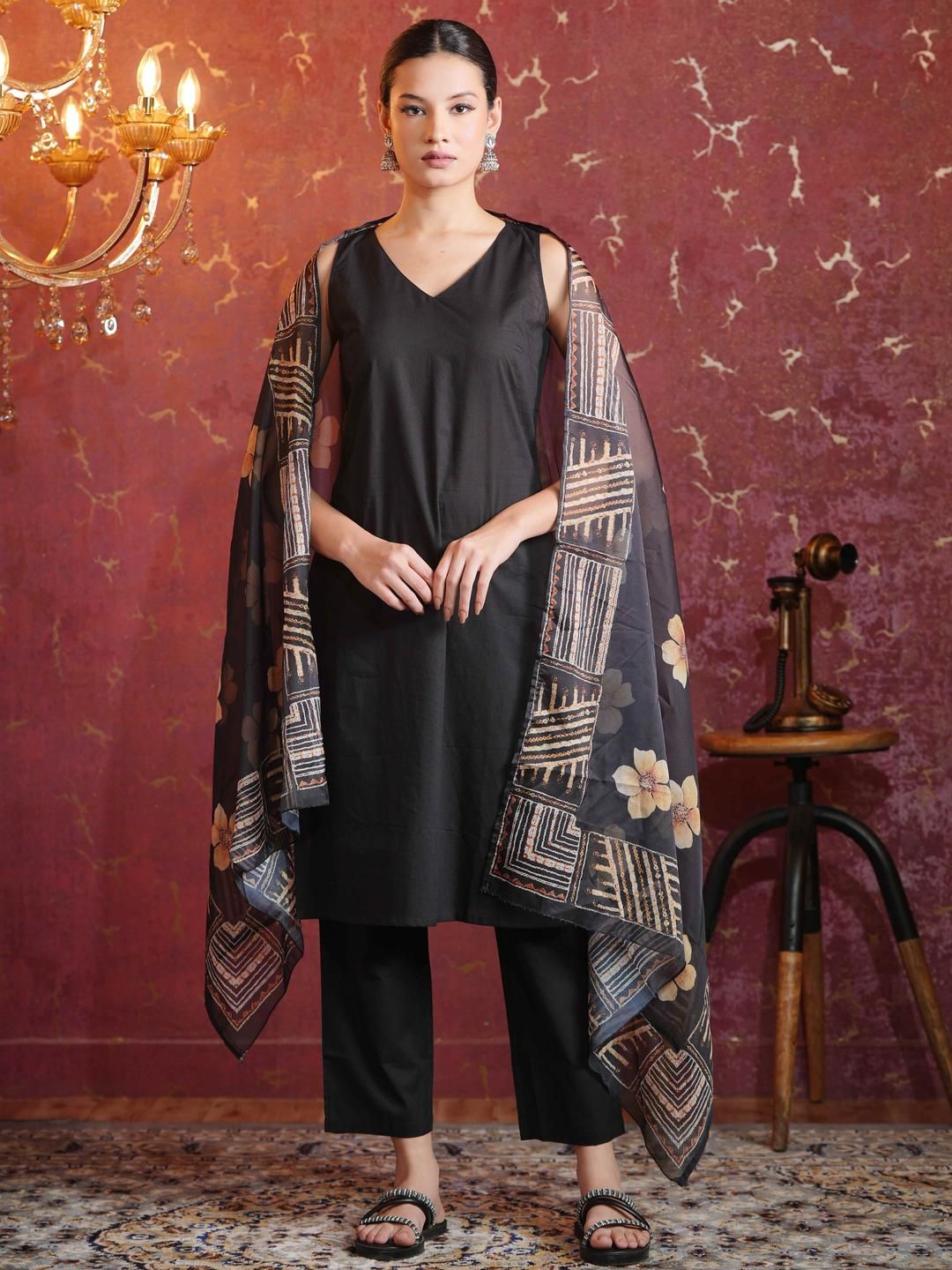 Anouk Women Solid Cotton Straight Kurta, Trousers & Digital Printed Dupatta Set