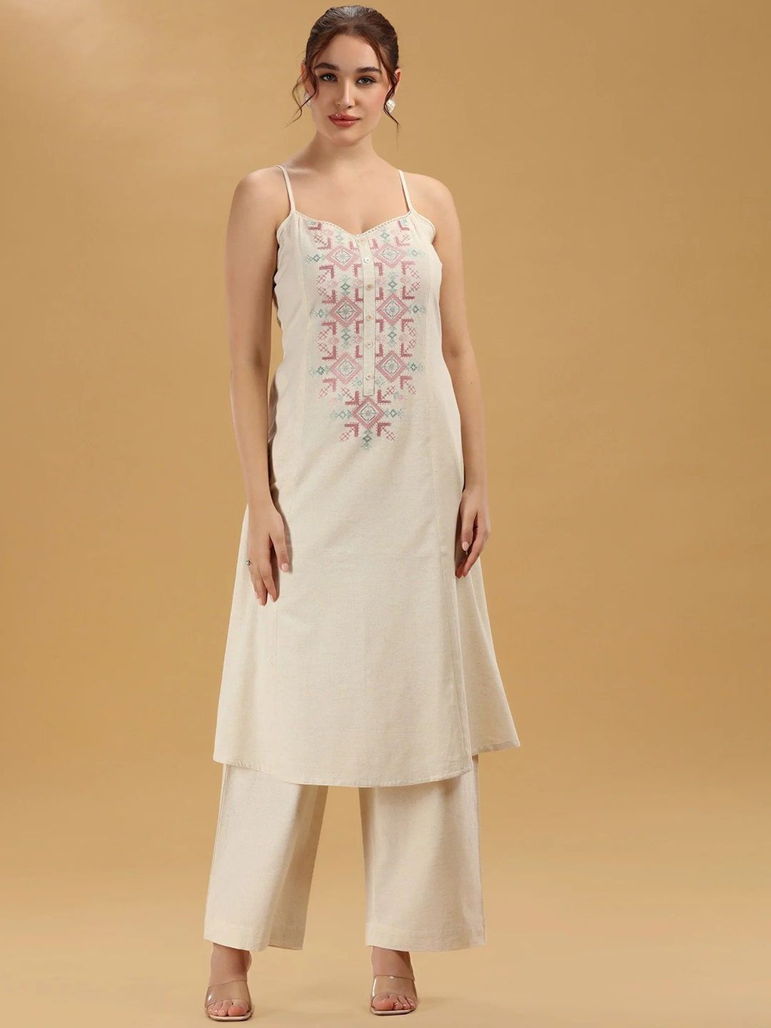 COTTON CULTURE Geometric Embroidered Shoulder Straps Pure Cotton Kurta With Palazzo