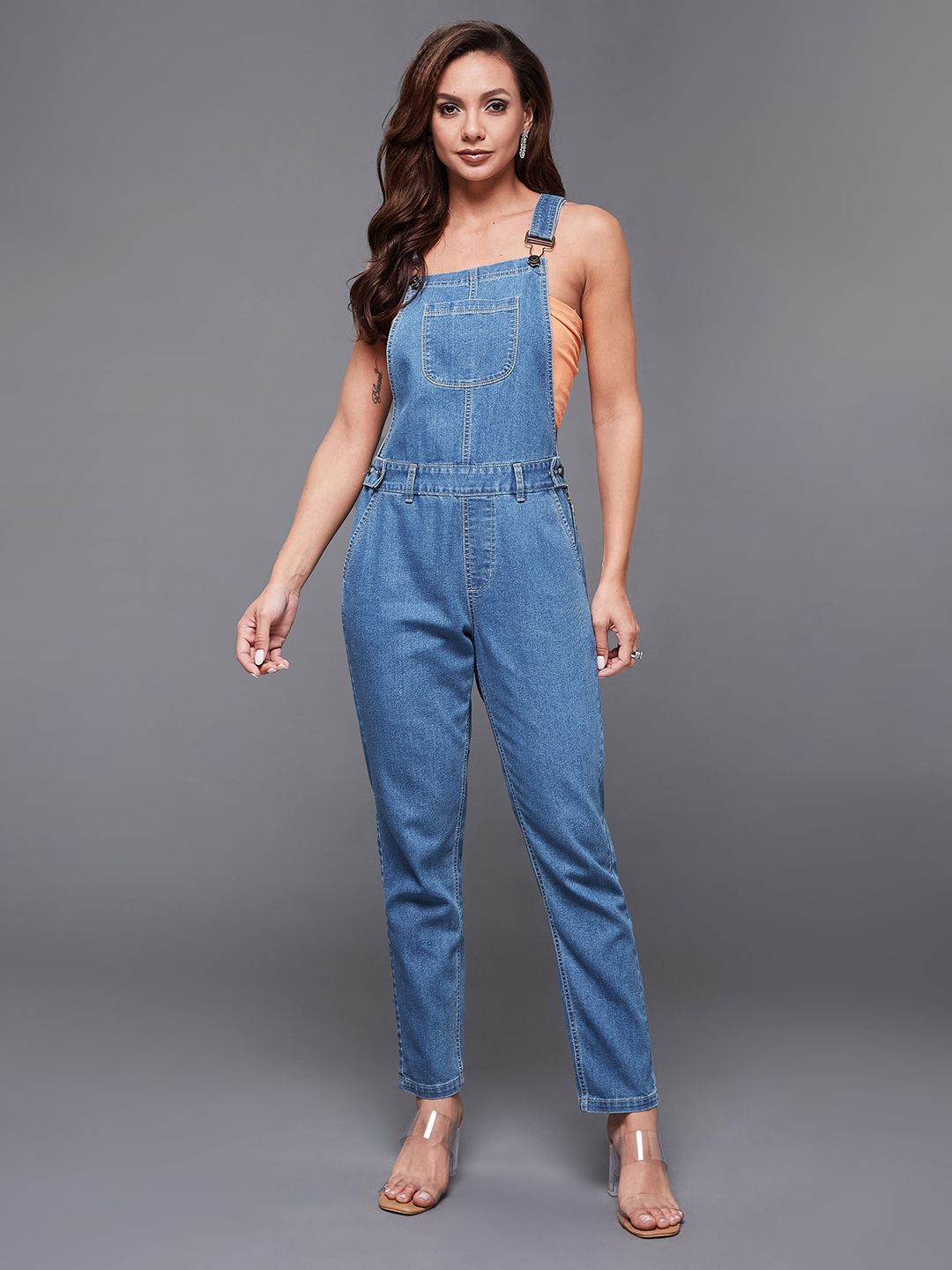 Miss Chase Women Blue Solid Slim Fit Denim Dungarees