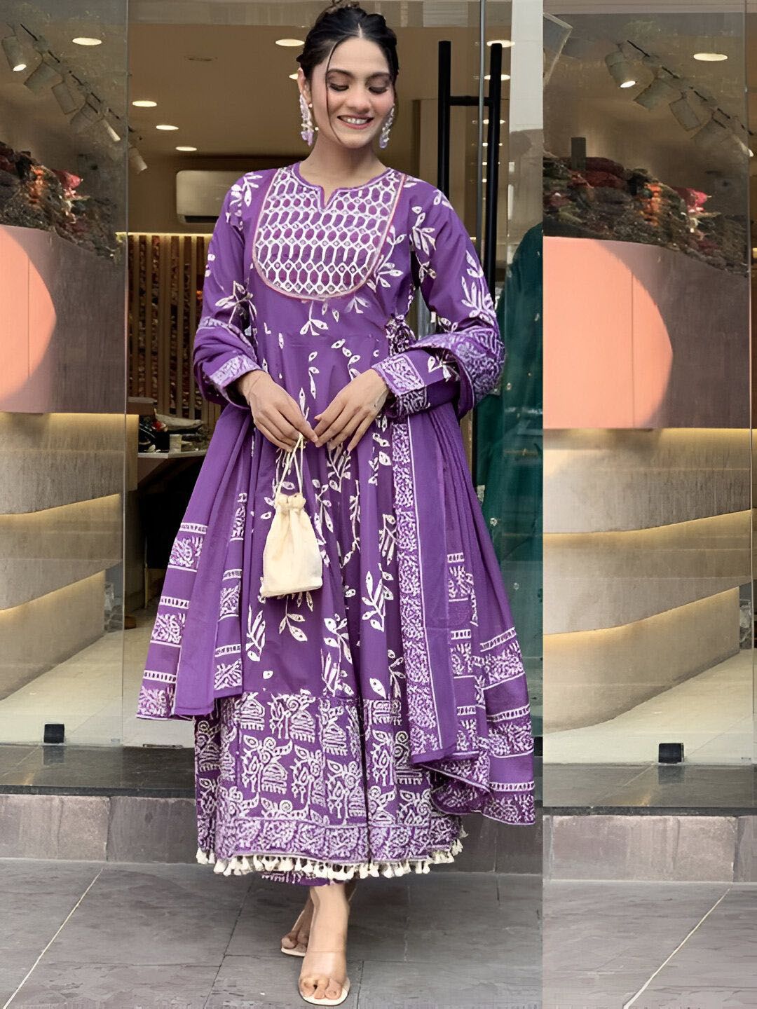 ANVERI TEXTILES Floral Embroidered Notch Neck Kurta Sequinned Kurta Trousers & Dupatta