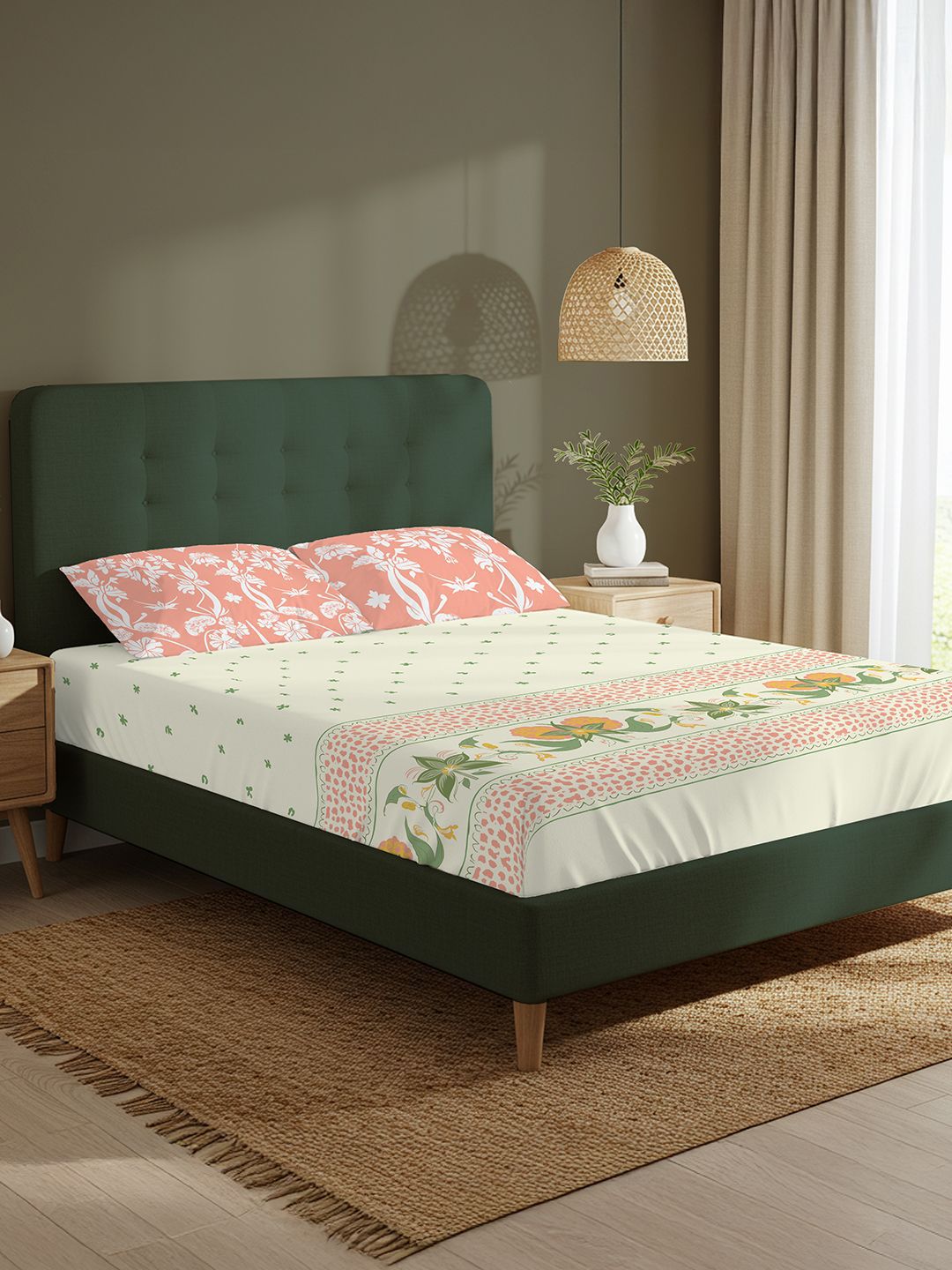 URBAN SPACE Green & Peach-Coloured Floral 200 TC King Bedsheet with 2 Pillow Covers-image-12