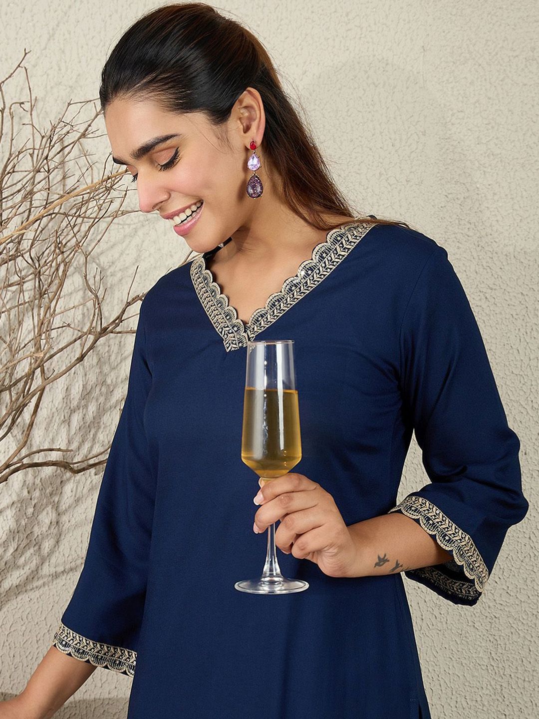 Indo Era Women Ethnic Motifs Embroidered V-Neck Regular Sequinned Kurta with Trousers