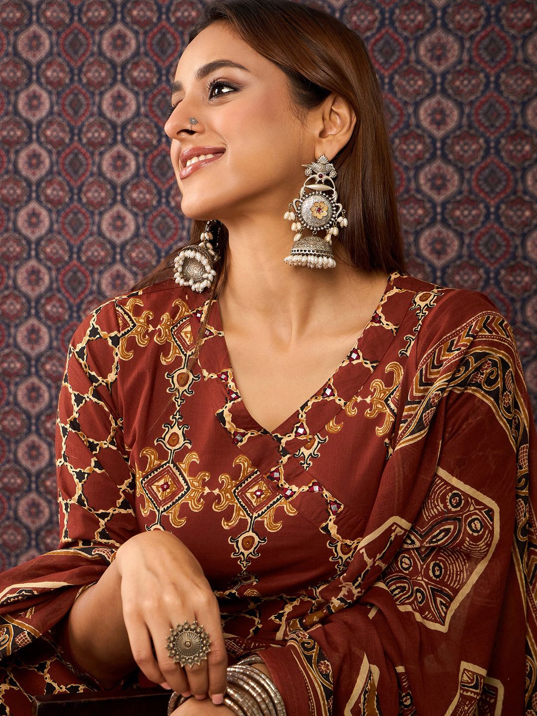 Indo Era Women Ethnic Motifs Printed Pure Cotton Kurta with Trousers & Dupatta