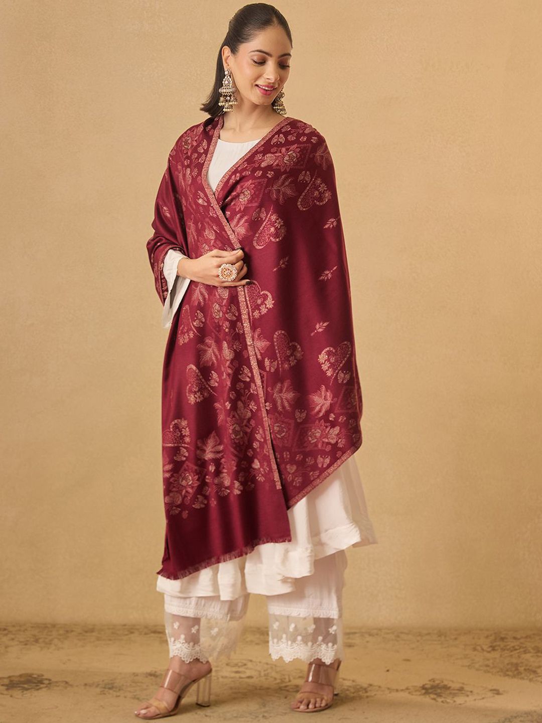 Pashmoda Floral Woven Design Gulab Kaani Woolen Shawl-image-6