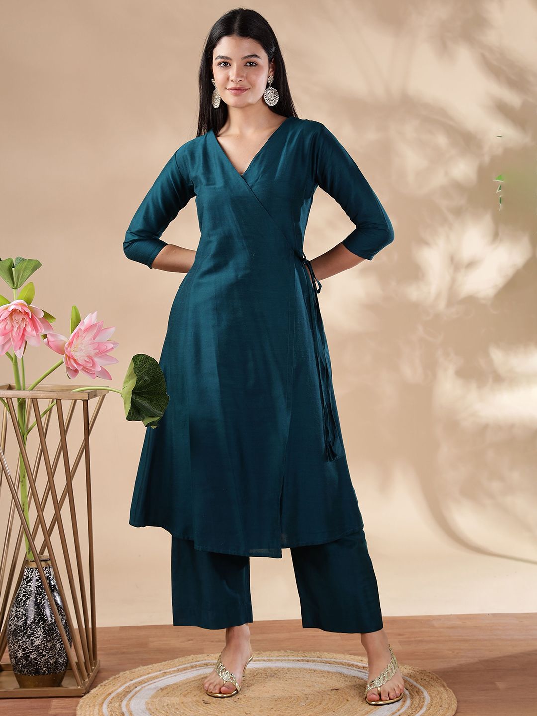 NEXSTYLO Women Solid Silk A-Line Kurta with Trousers