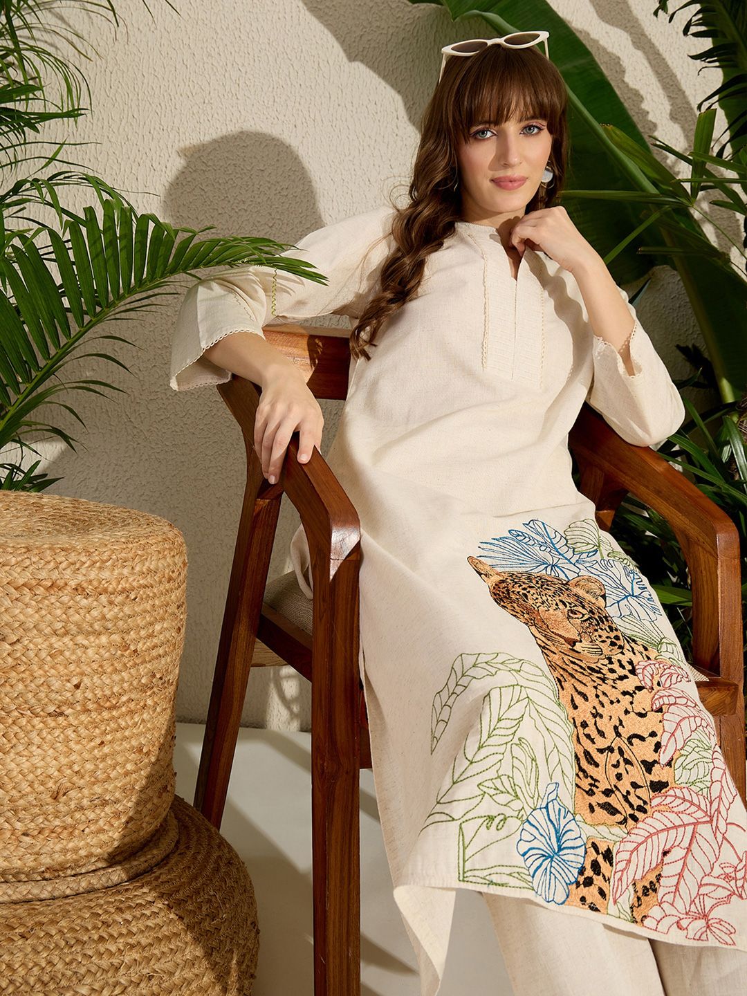 Indo Era Women Animal Embroidered Thread Work Pure Cotton Kurta with Trousers