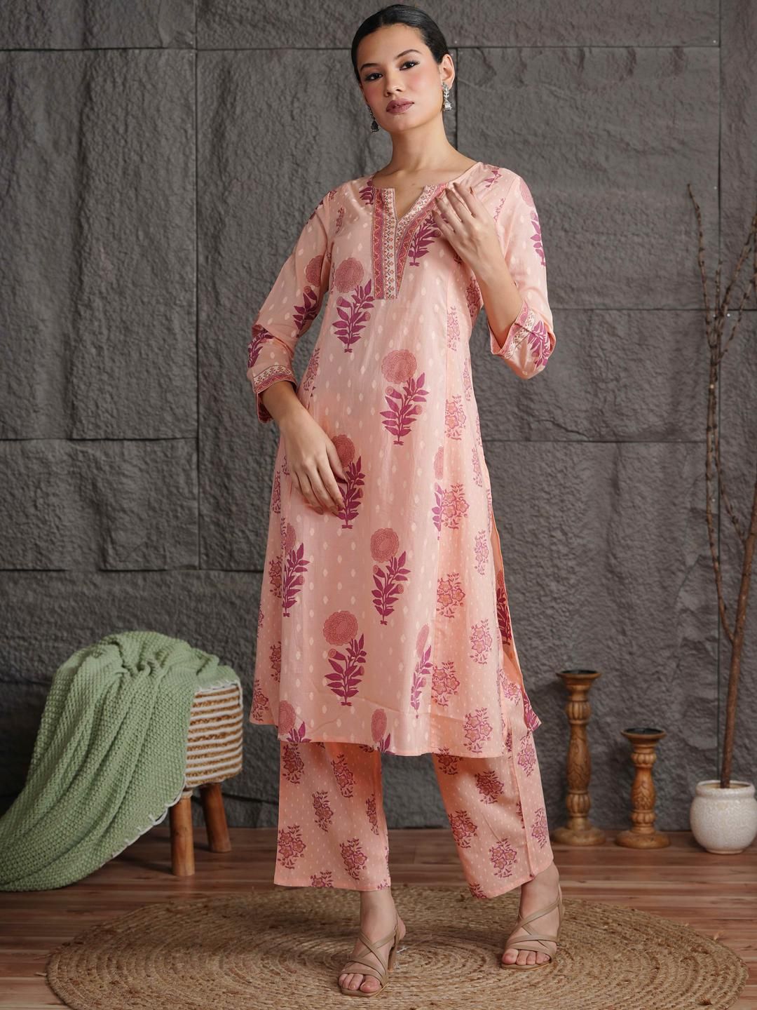 Anouk Women Floral Printed Notch Neck Cotton A-Line Kurta & Palazzo
