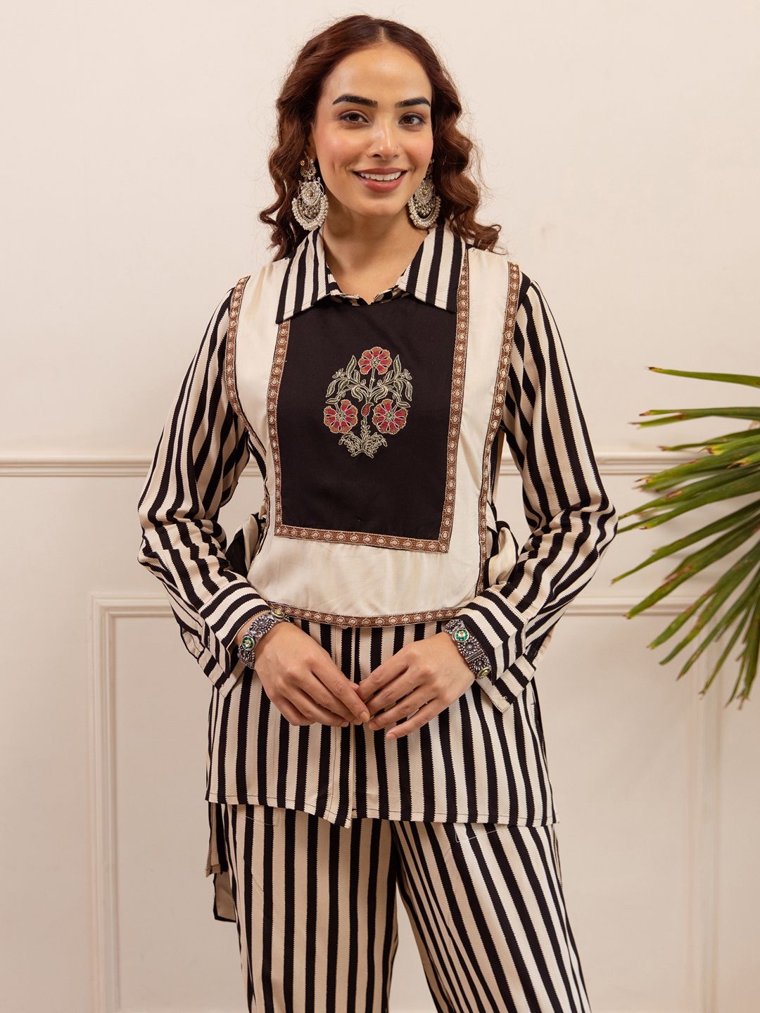 Indo Era Women Striped Embroidered Kurti with Trousers