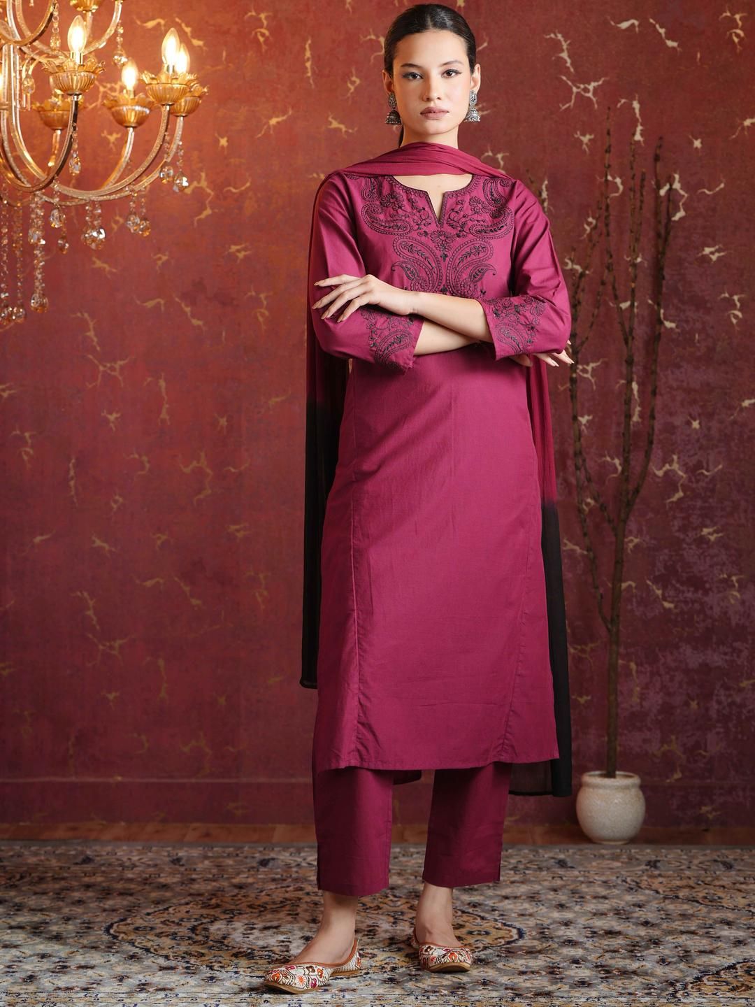 Anouk Women Cotton Solid Embroidery with Lace Work Kurta Pant with Dupatta