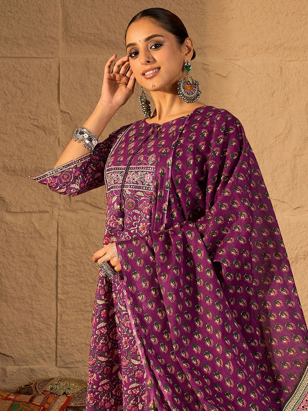 Indo Era Women Floral Printed Regular Pure Cotton Straight Kurta with Trousers & Dupatta