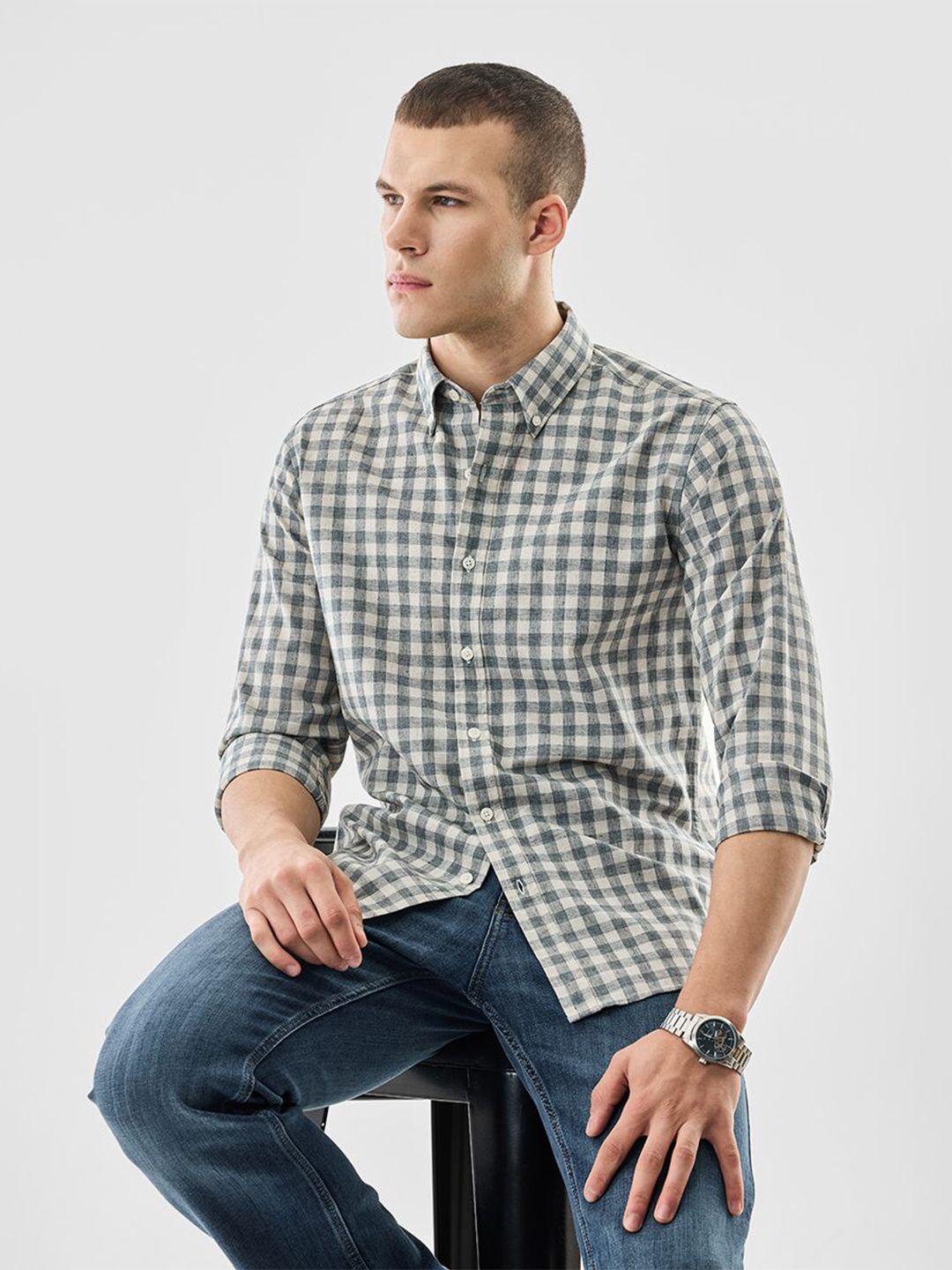 Snitch Men Gingham Checked Button-Down Collar Casual Shirt-picture-21