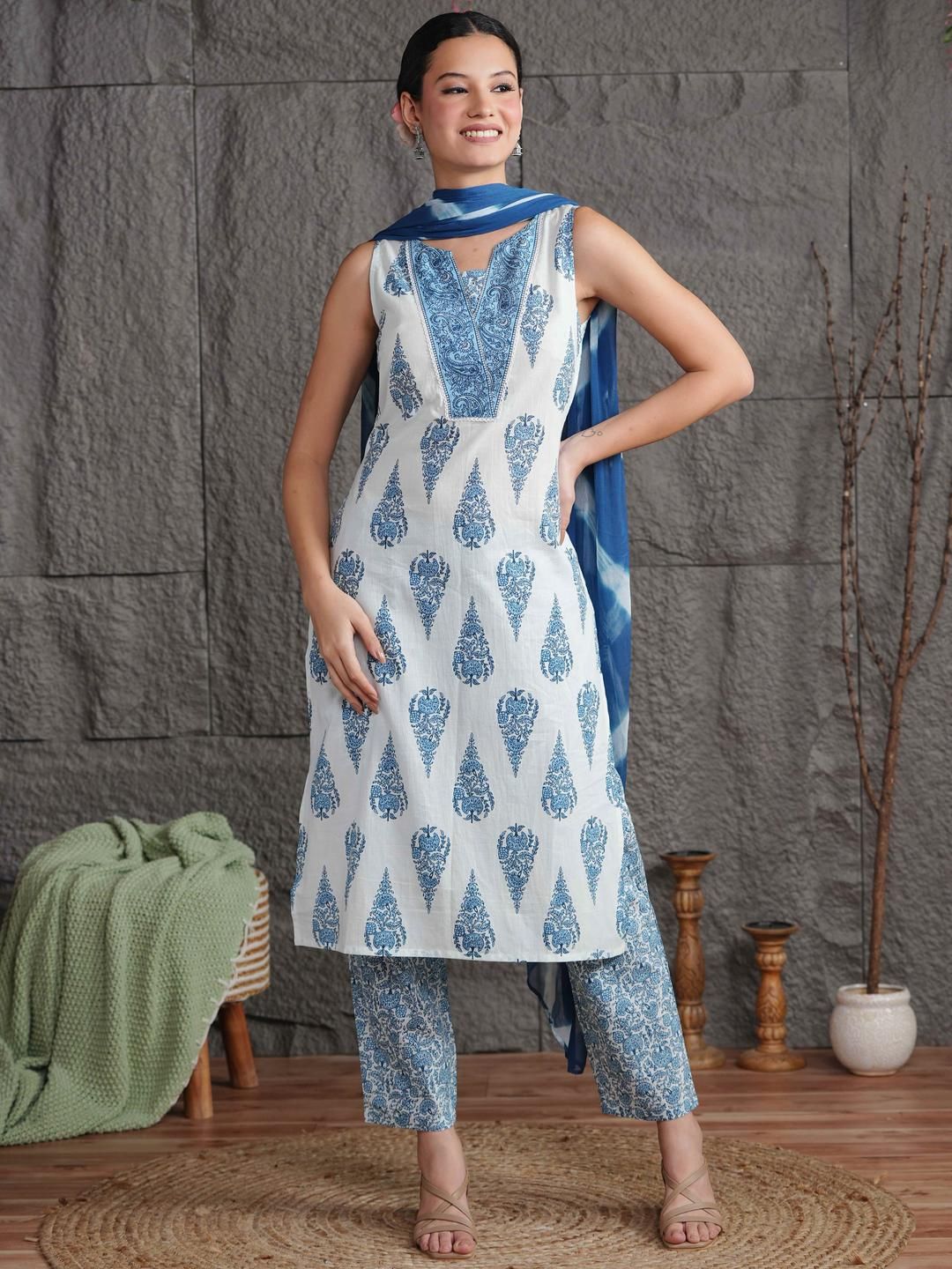 Anouk Women Floral Printed Notch Neck Lace Work Cotton Kurta Trouser & Dupatta-picture-11