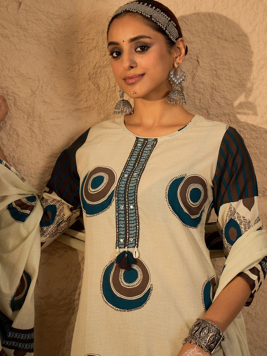 Indo Era Women Abstract Printed Cotton Kurta with Trousers & Dupatta