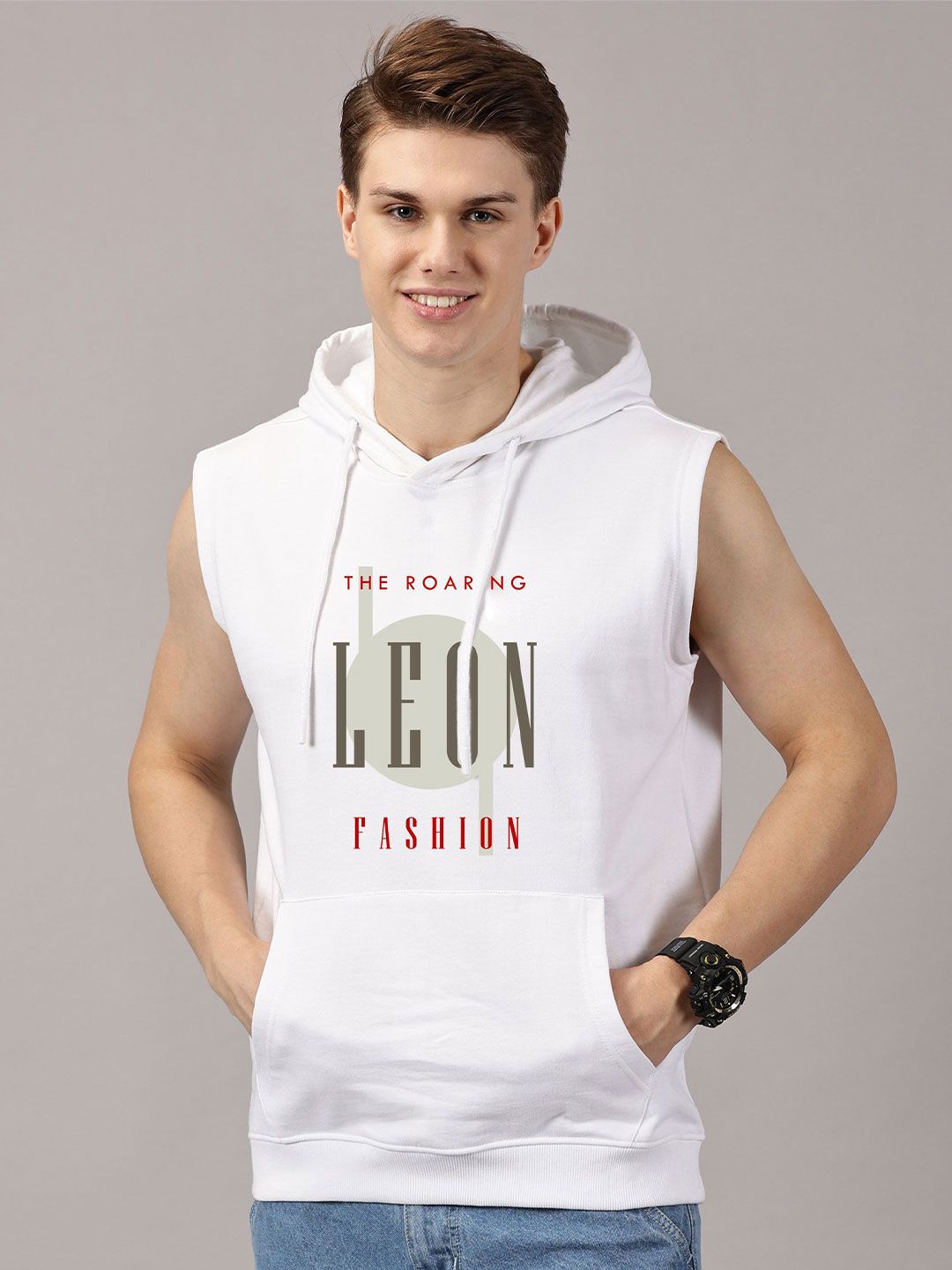 LEON Men Brand Logo Printed Hooded Sleeveless Pullover-picture-13