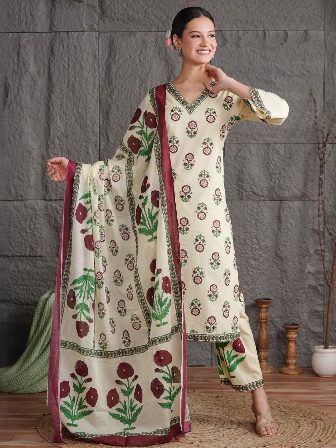 Anouk Women Cotton Floral Printed V-Neck Straight Kurta Palazzo with Dupatta