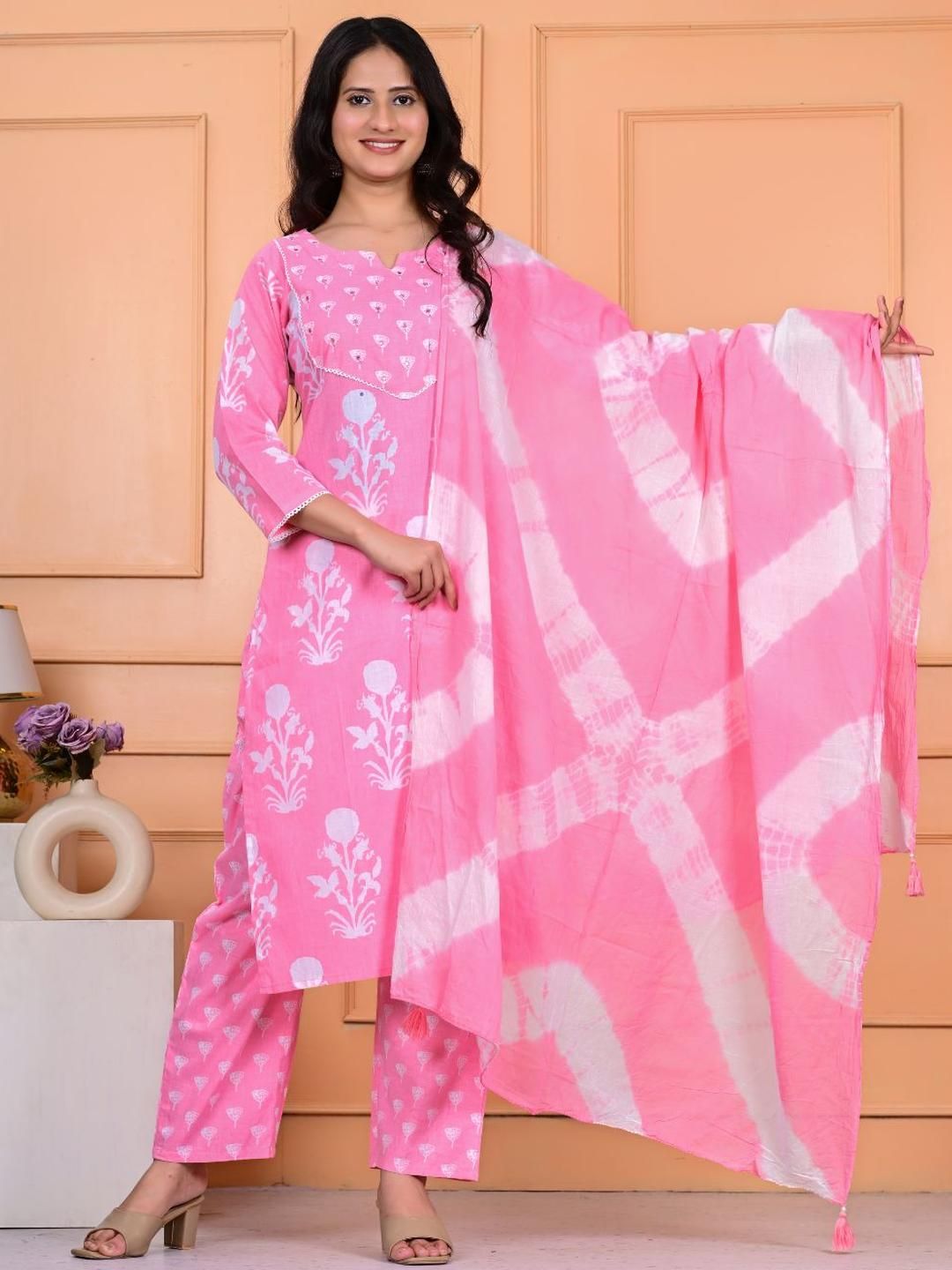 KALINI Women Pink Floral Printed Cotton Kurta With Trouser & Dupatta