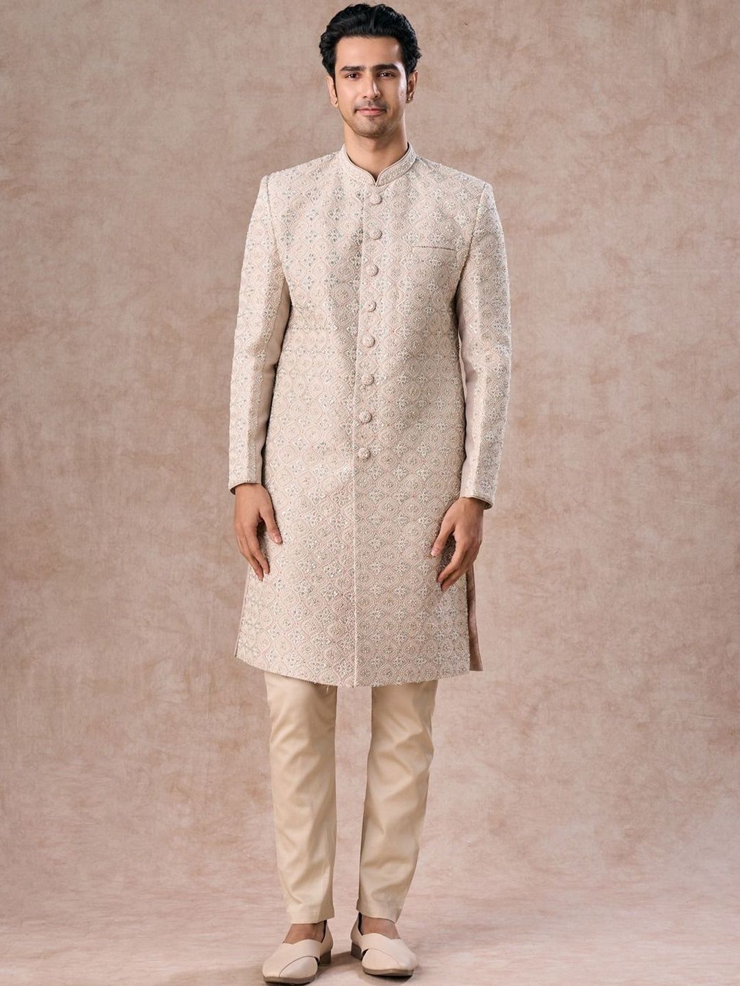 Manyavar Embroidered Mandarin Collar Sherwani Set-picture-38