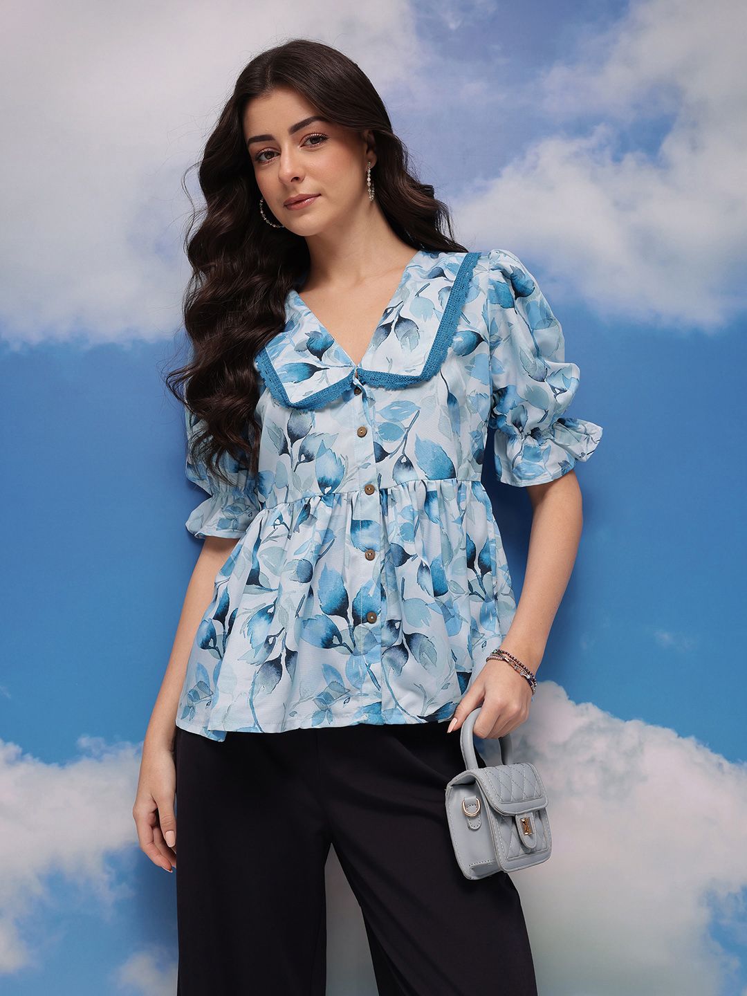 CORSICA Floral Print Puff Sleeve Peplum Top-picture-15